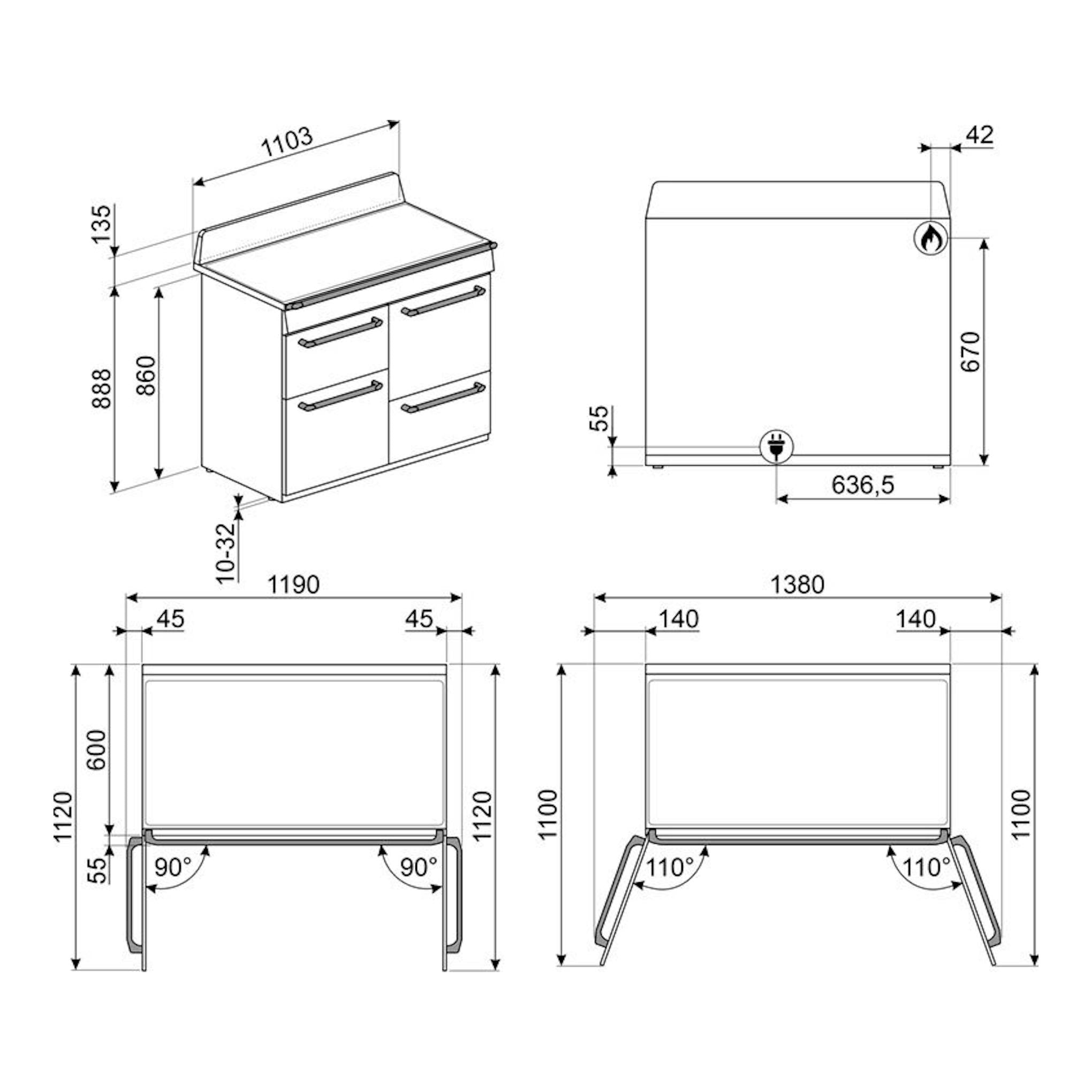 Smeg TR4110X-1: dibujo técnico de cocina de 110 cm en acero inoxidable, con vistas frontal, lateral y superior.