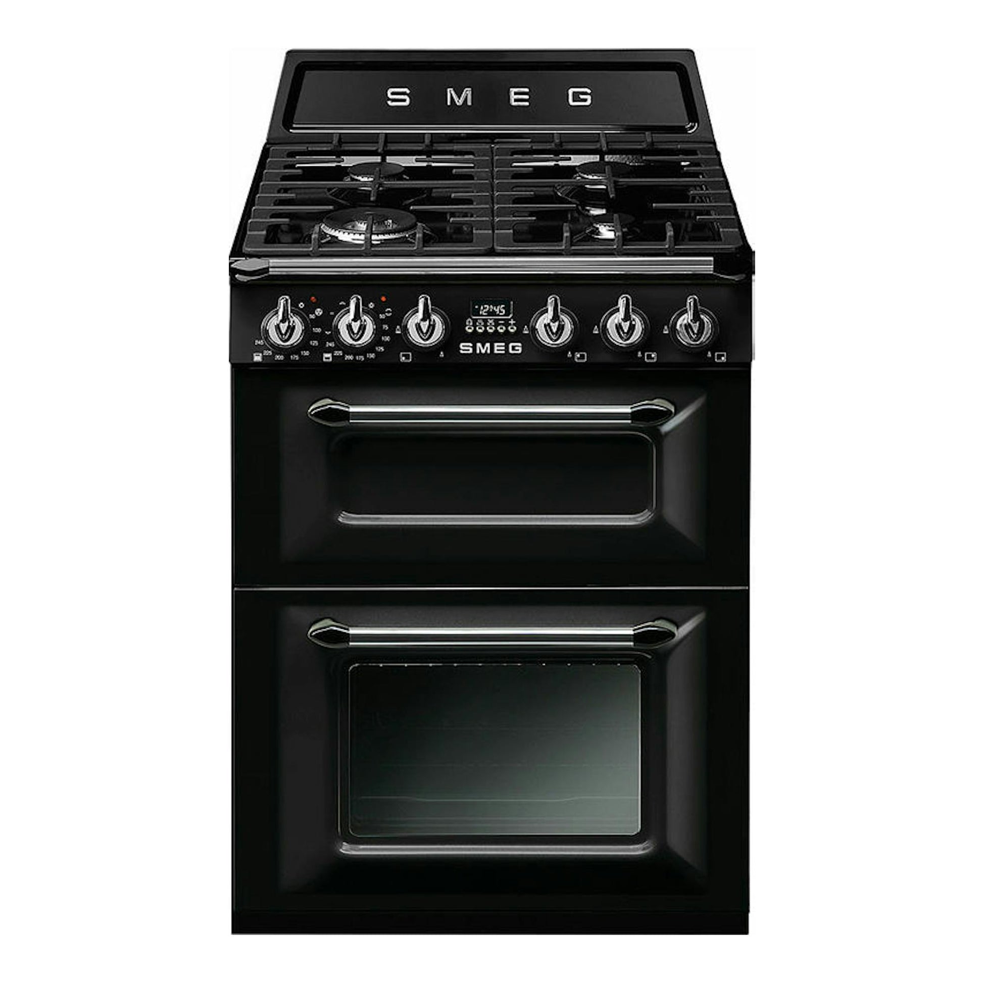 Cocina Smeg TR62BL negra de 60 cm, vista frontal, con doble horno y placa de gas.