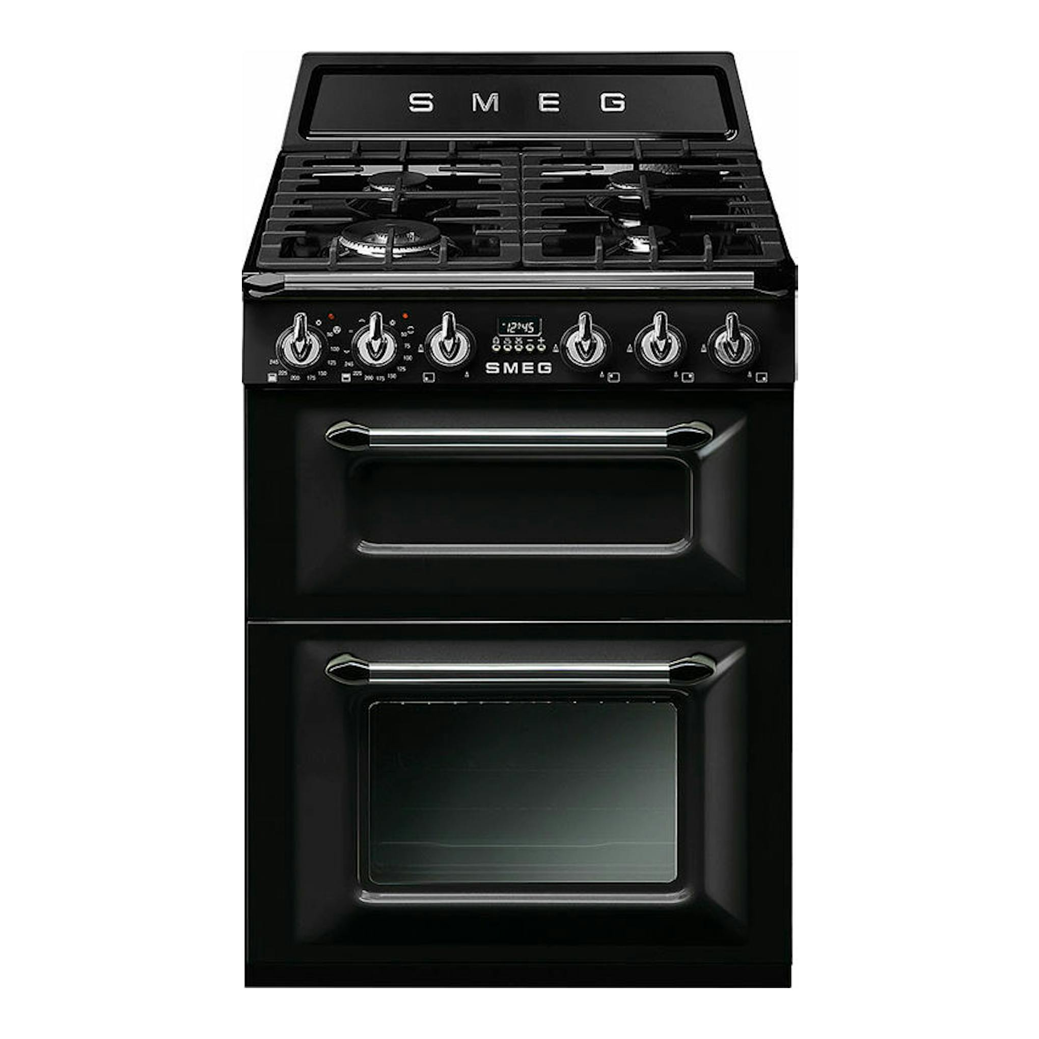 Cocina Smeg TR62BL negra de 60 cm, vista frontal, con doble horno y placa de gas.