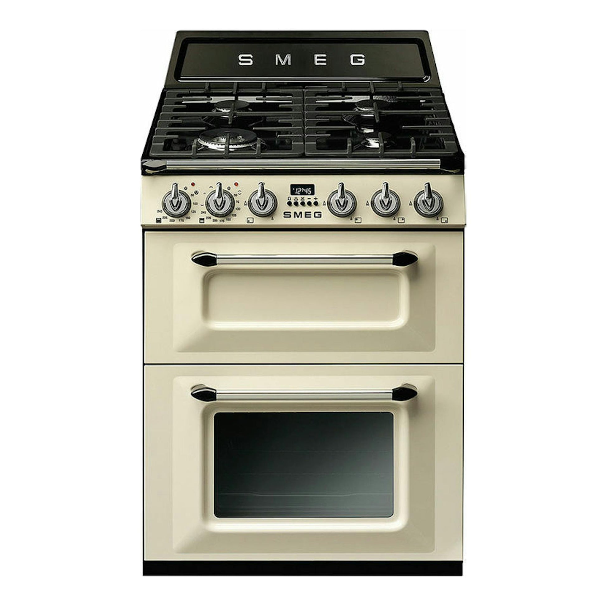 Cocina Smeg TR62P de 60 cm, vista frontal, color crema con encimera negra y dos hornos.