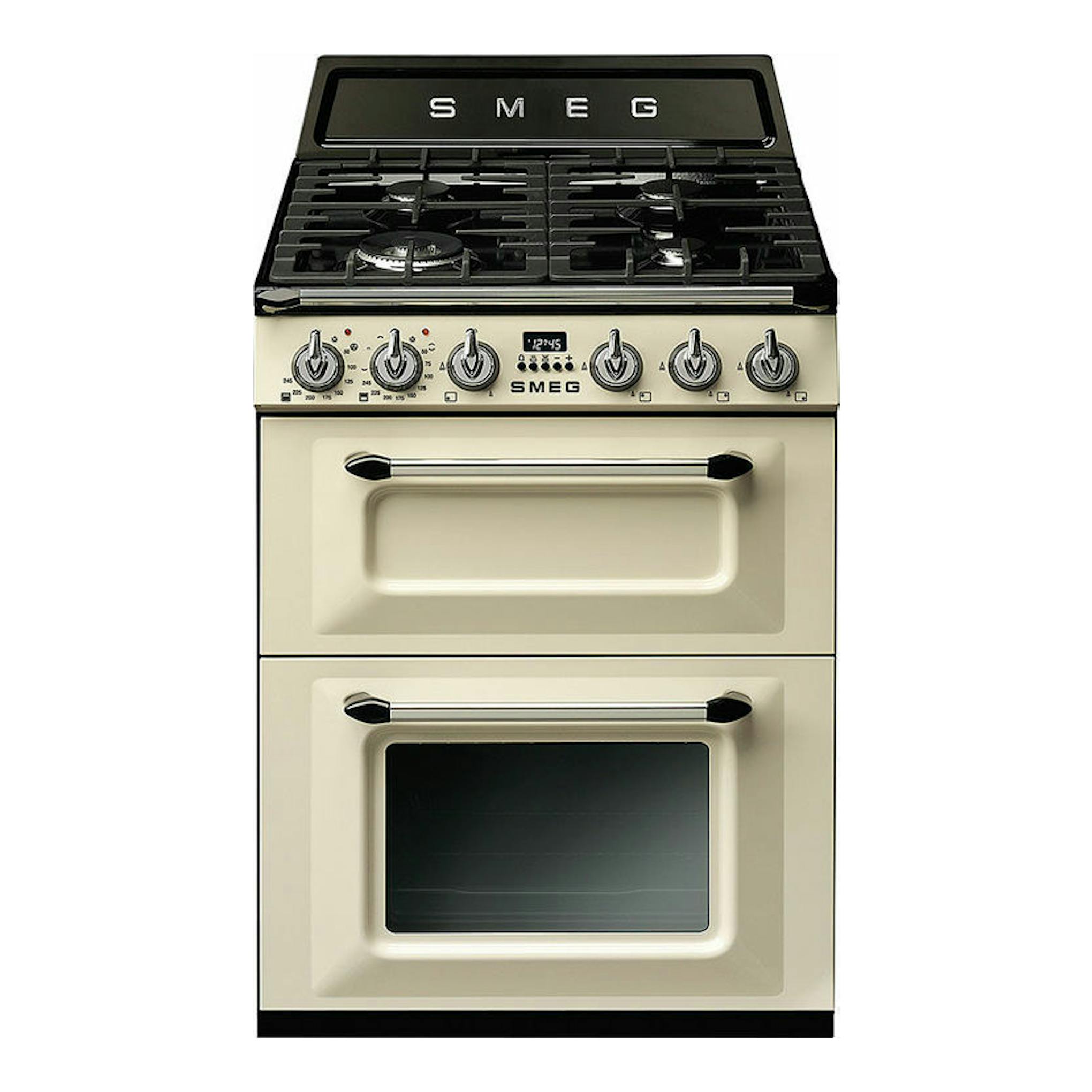 Cocina Smeg TR62P de 60 cm, vista frontal, color crema con encimera negra y dos hornos.