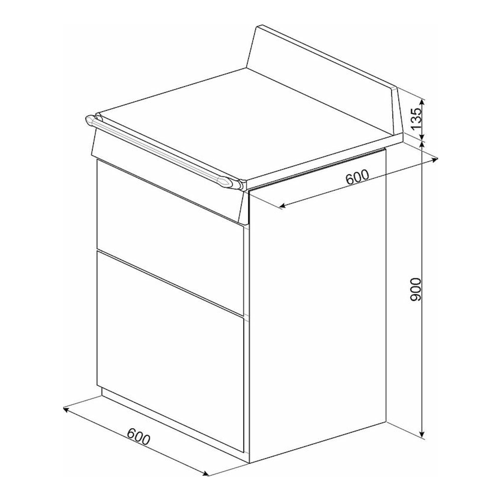 Dibujo técnico de cocina Smeg TR62P, vista en perspectiva, con medidas 600 x 900 x 135 mm.