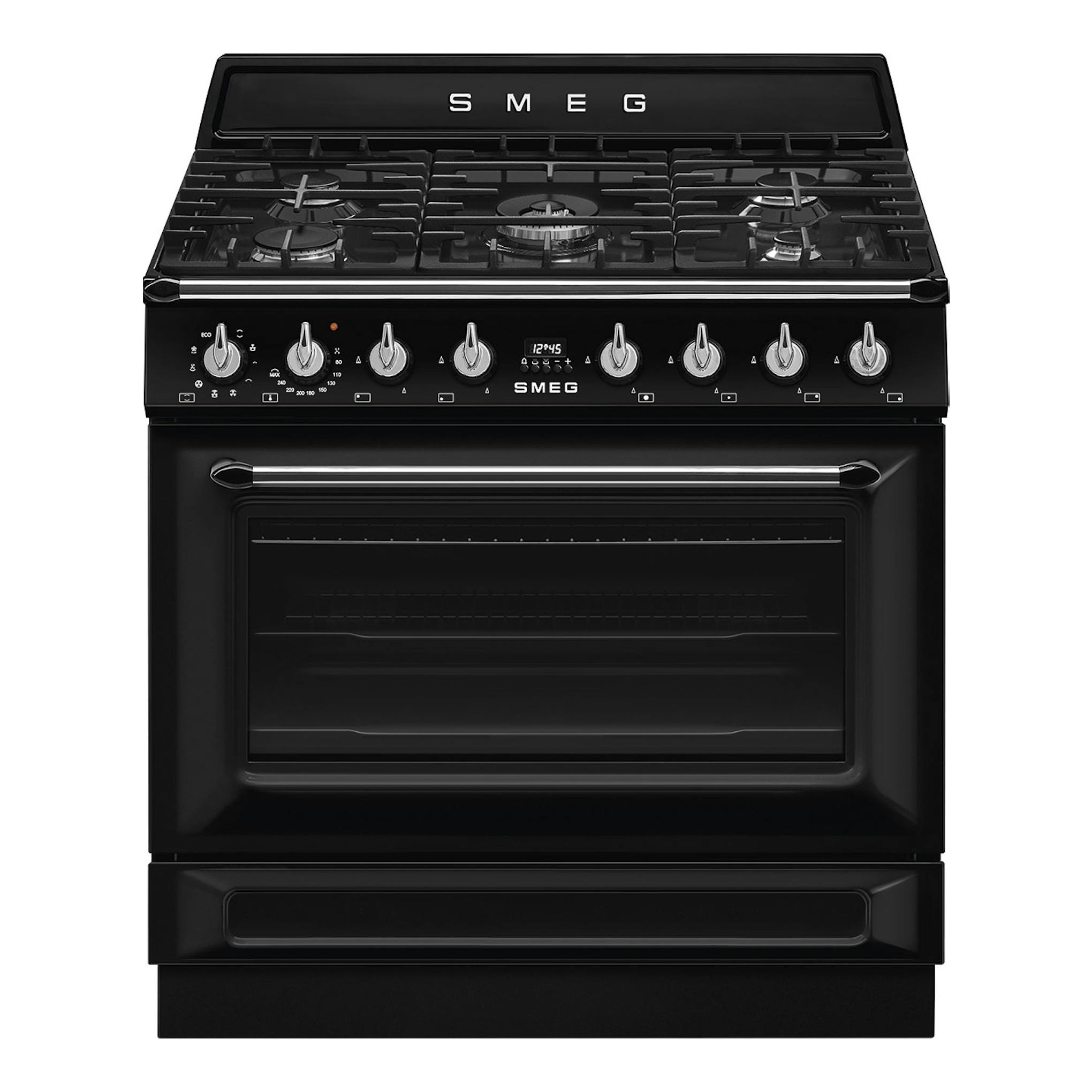 Cocina de gas Smeg TR90GMBL negra, vista frontal, con 5 quemadores y horno.