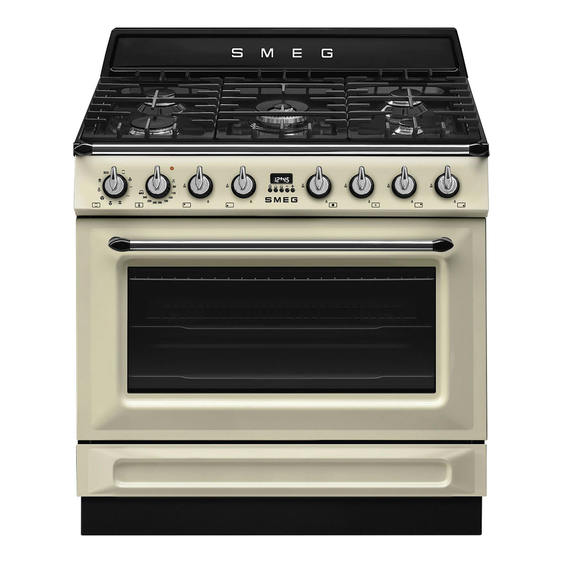 Cocina Smeg TR90GMP beige, vista frontal, con placa de gas negra y horno integrado.