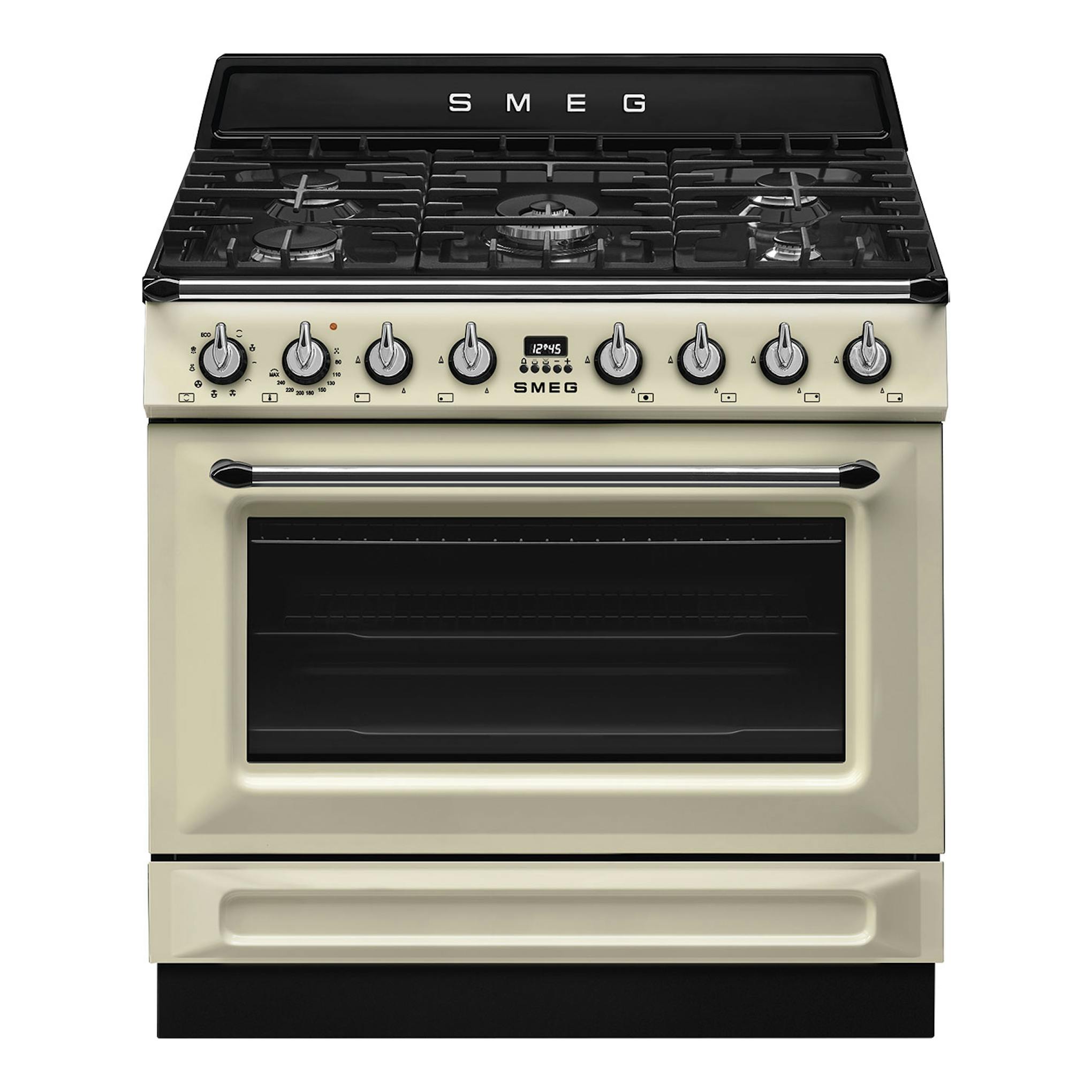 Cocina Smeg TR90GMP beige, vista frontal, con placa de gas negra y horno integrado.