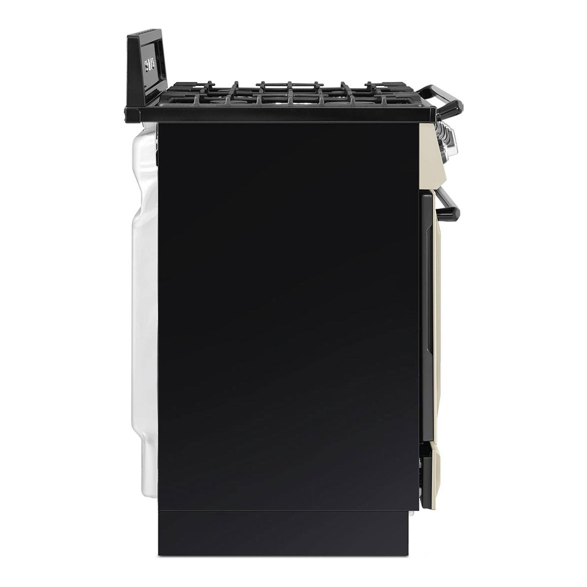 Cocina Smeg TR90GMP negra, vista lateral, con placa de gas y mandos laterales beige.