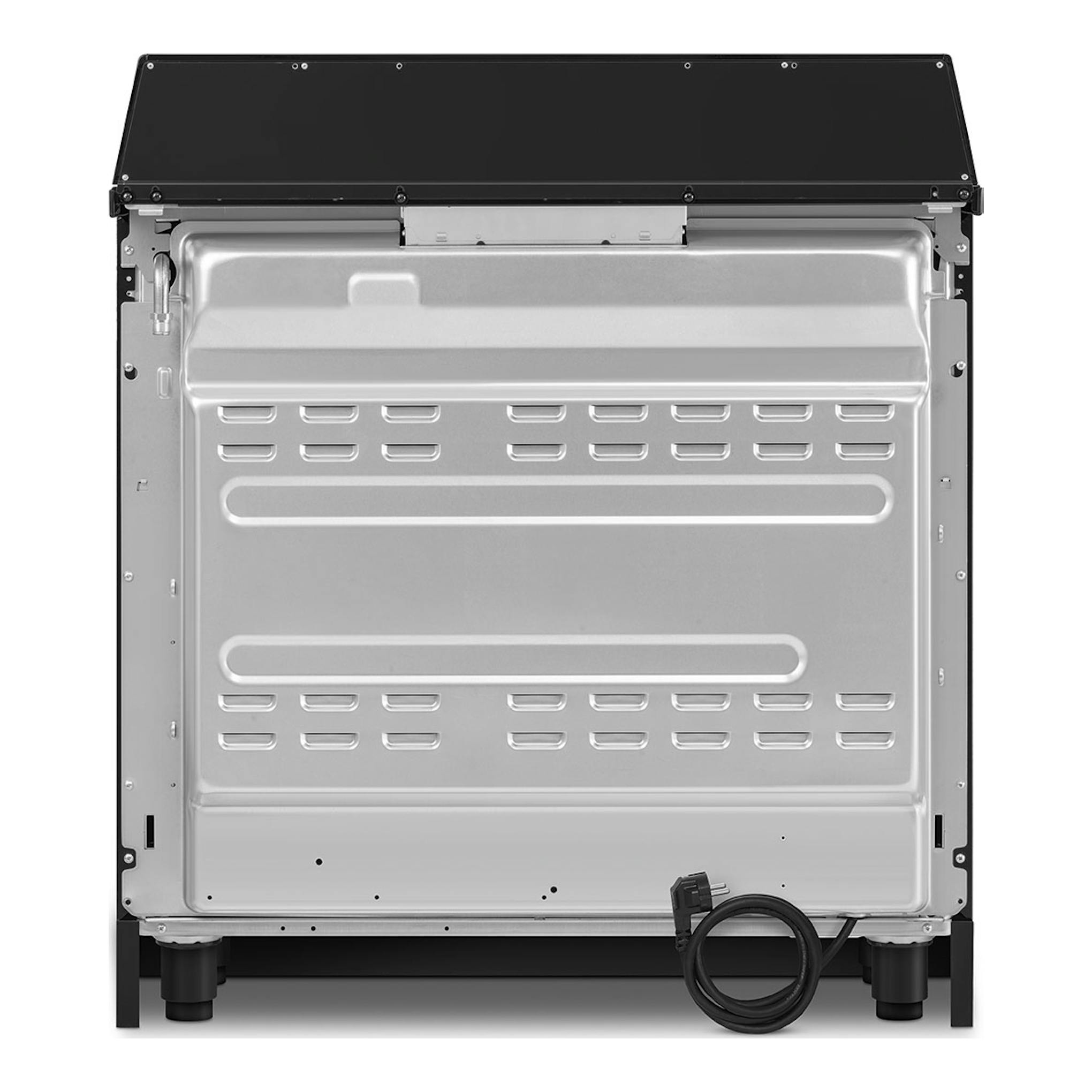 Smeg TR90GMP, vista trasera de cocina libre instalación negro y acero inoxidable, con cable de alimentación.