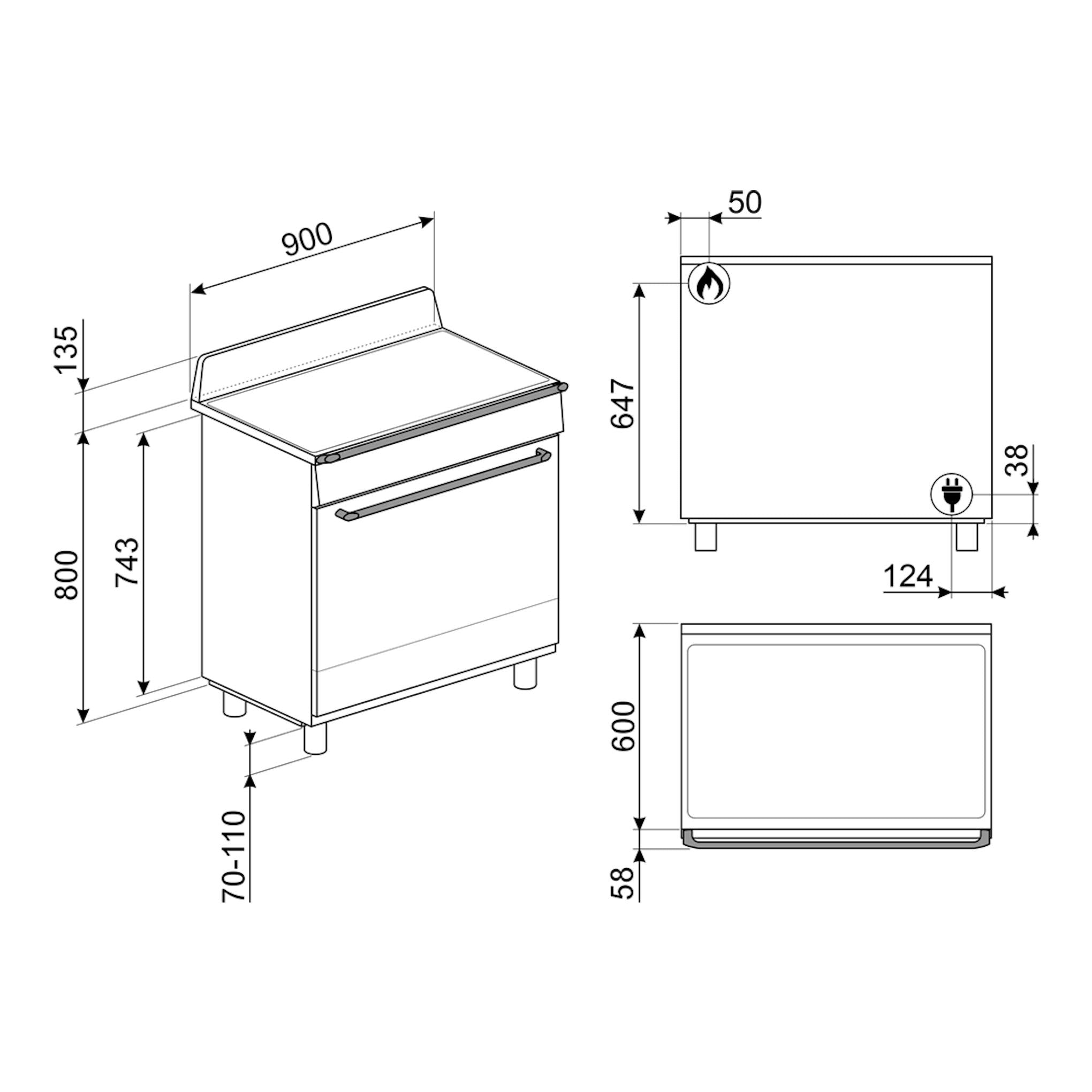 Dibujo técnico de la cocina Smeg TR90GMP, vista isométrica y frontal, 90x60 cm.