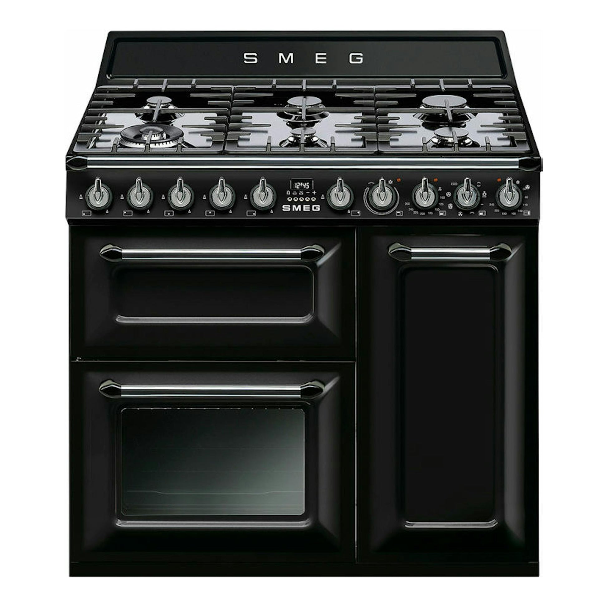 Cocina Smeg TR93BL negra de 90 cm, vista frontal, con seis quemadores y tres puertas de horno.