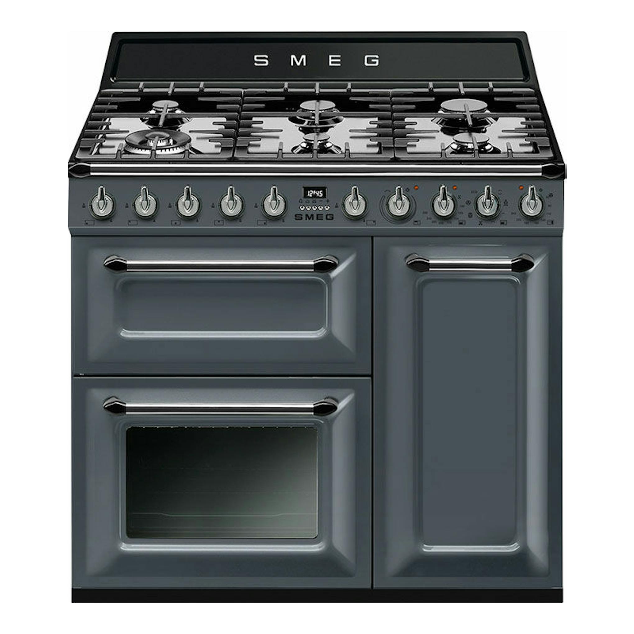 Cocina Smeg TR93GR de 90 cm, gris, vista frontal, con cuatro hornillas y tres puertas de horno.
