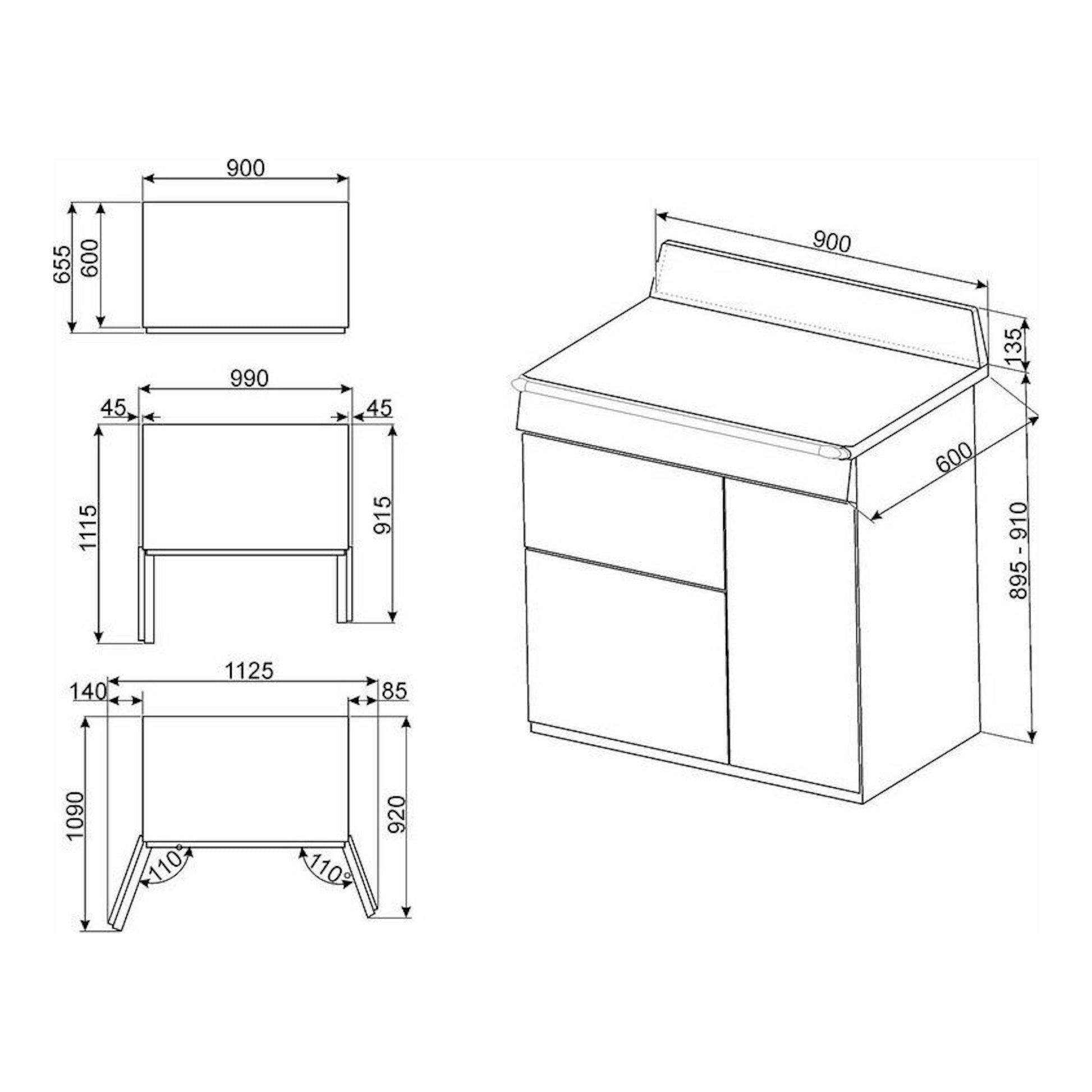Diagrama técnico de la cocina Smeg TR93GR 90 cm en vista frontal, lateral e isométrica, con medidas.