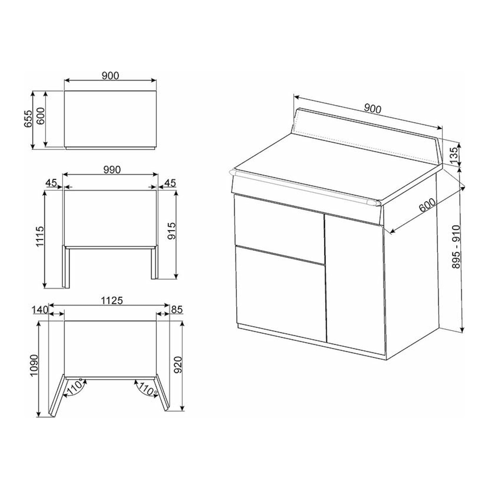Diagrama técnico de la cocina Smeg TR93P 90 cm, vistas frontal e isométrica en blanco y negro con medidas.