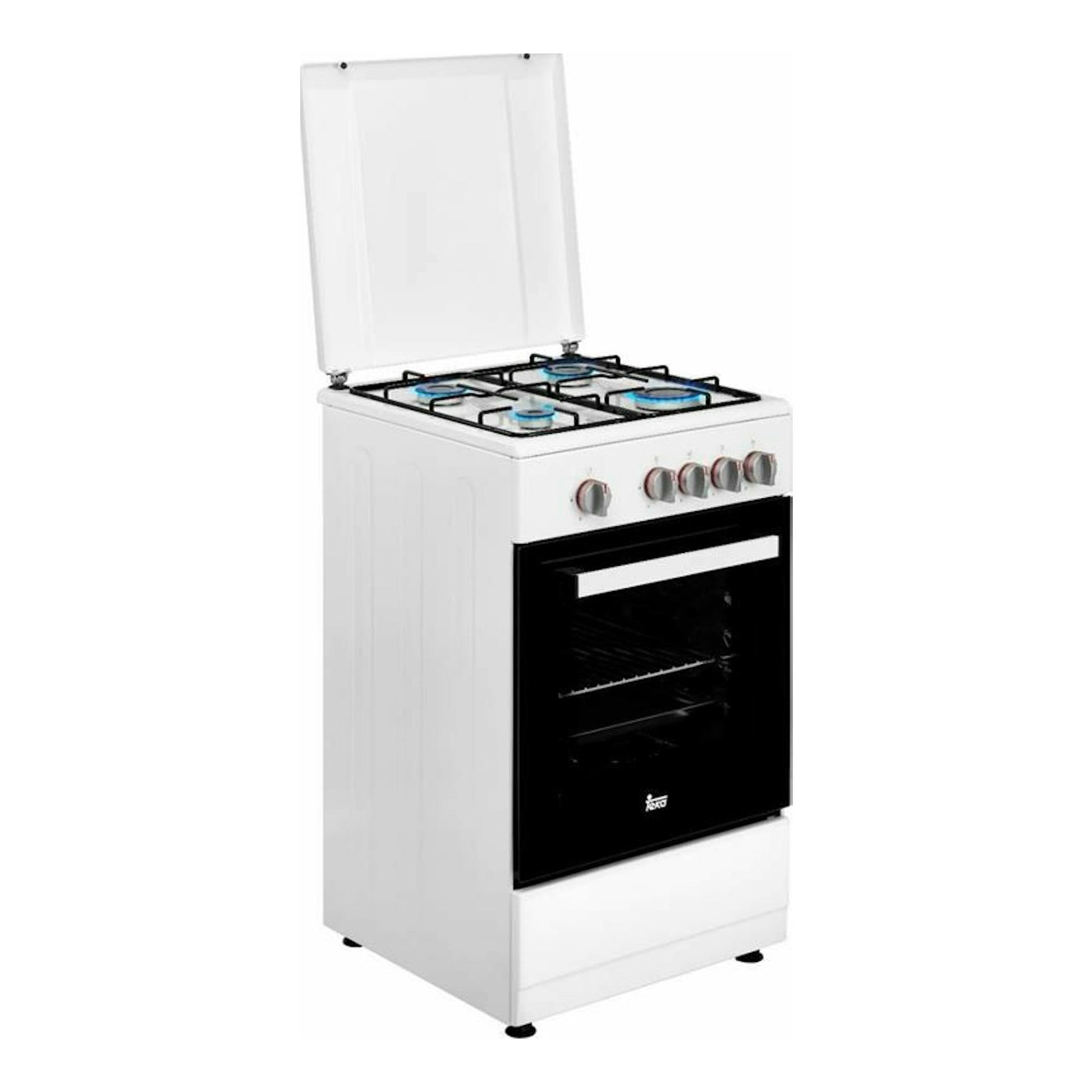 Cocina Teka 502 4GGWH LPG blanca de 50 cm, con tapa abatible, cuatro fuegos y horno negro, vista frontal lateral.