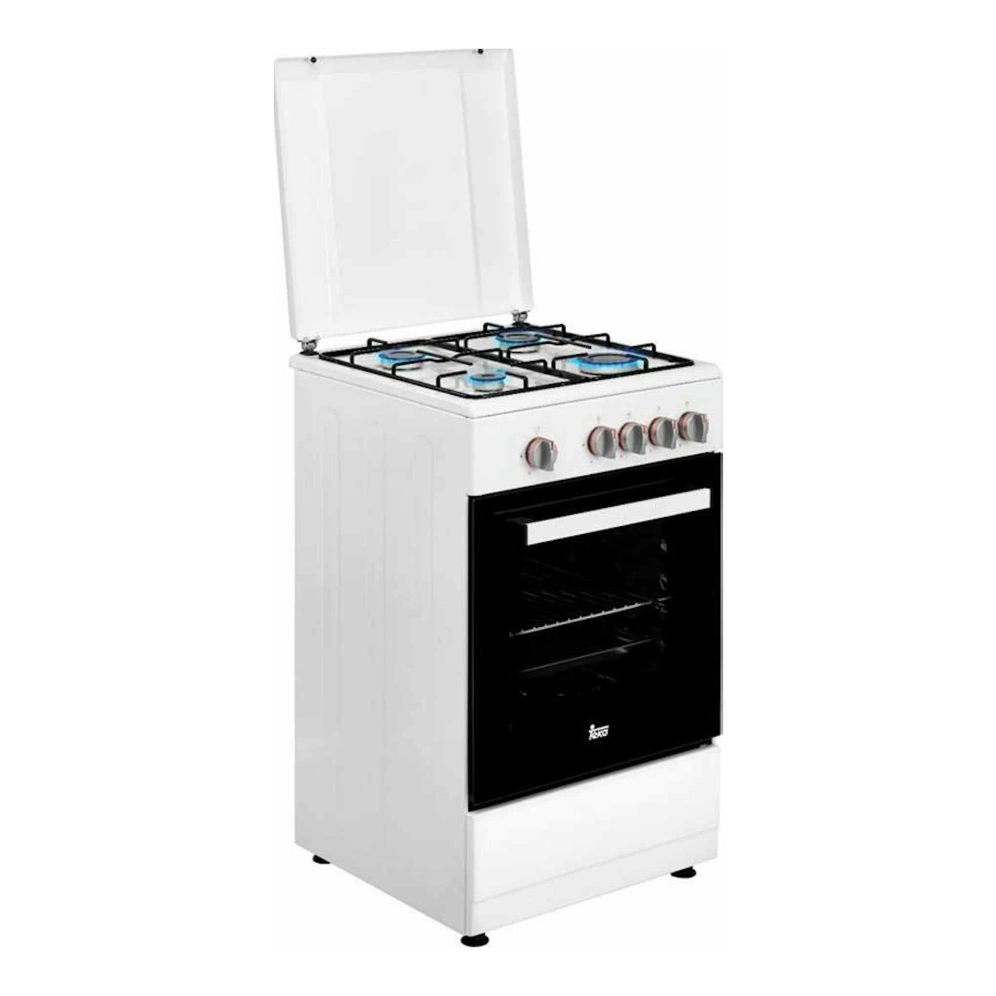 Cocina Teka 502 4GGWH LPG blanca de 50 cm, con tapa abatible, cuatro fuegos y horno negro, vista frontal lateral.