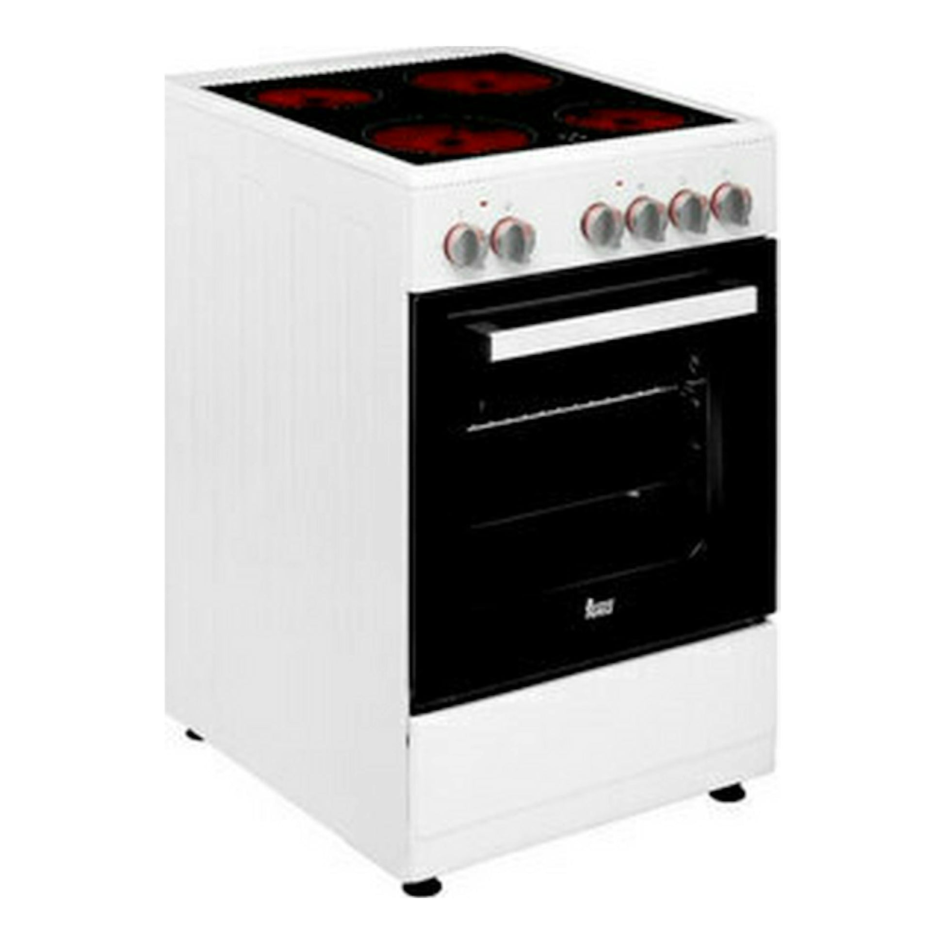 Cocina Teka 502 4VEWH blanca, vista frontal en ángulo, con horno negro y placa eléctrica de 4 fuegos.