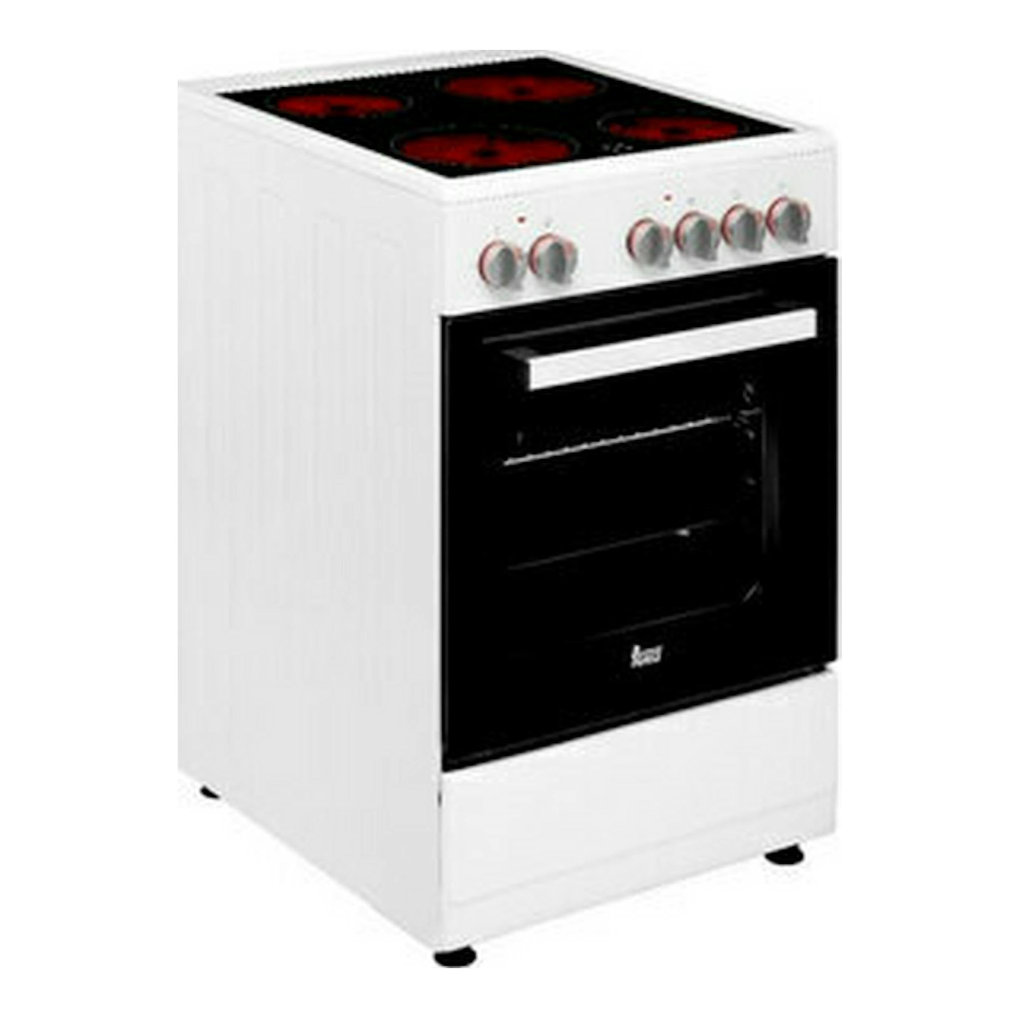Cocina Teka 502 4VEWH blanca, vista frontal en ángulo, con horno negro y placa eléctrica de 4 fuegos.