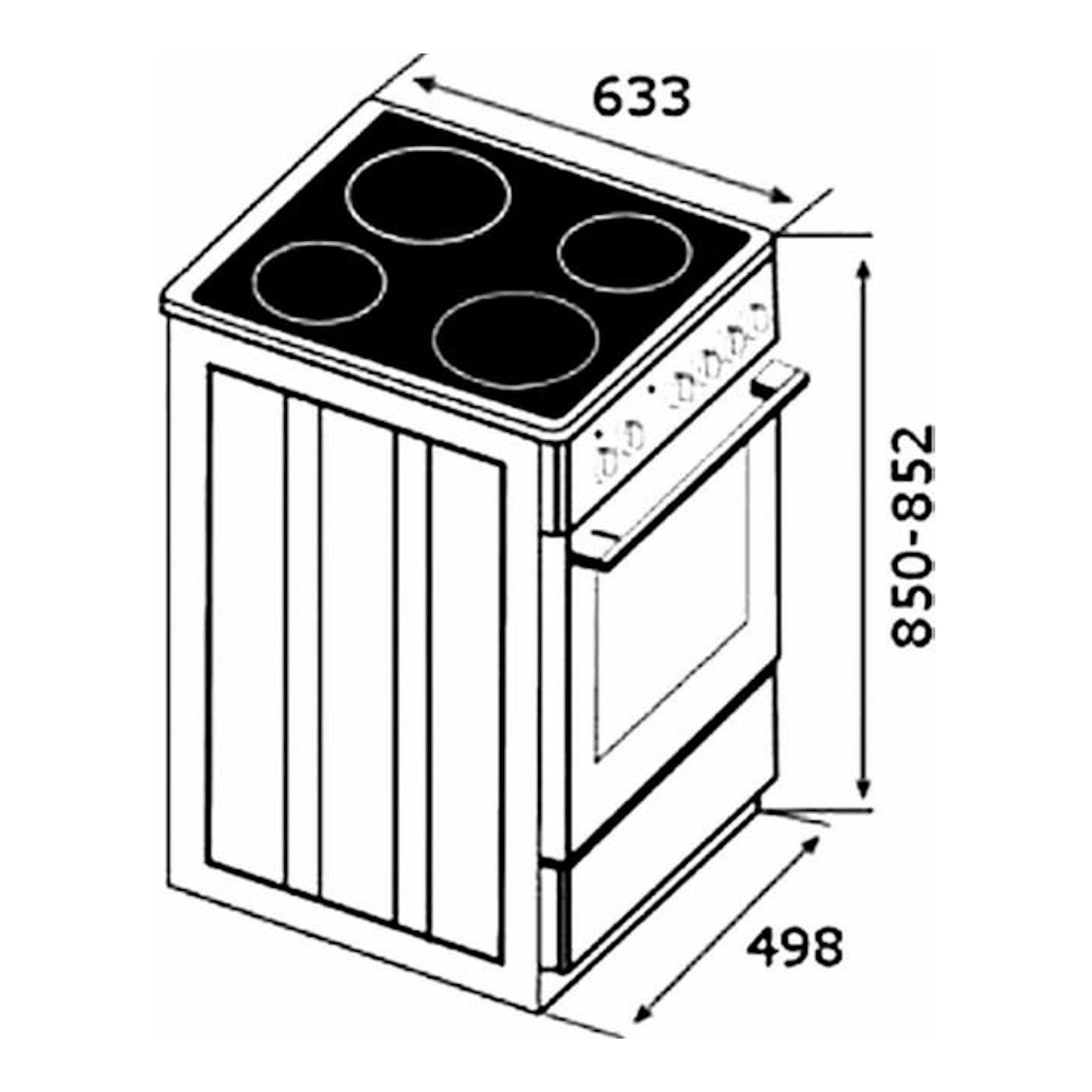 Cocina Teka 502 4VEWH blanca, vista en perspectiva, con 4 fuegos y horno; medidas 633x498x850-852.