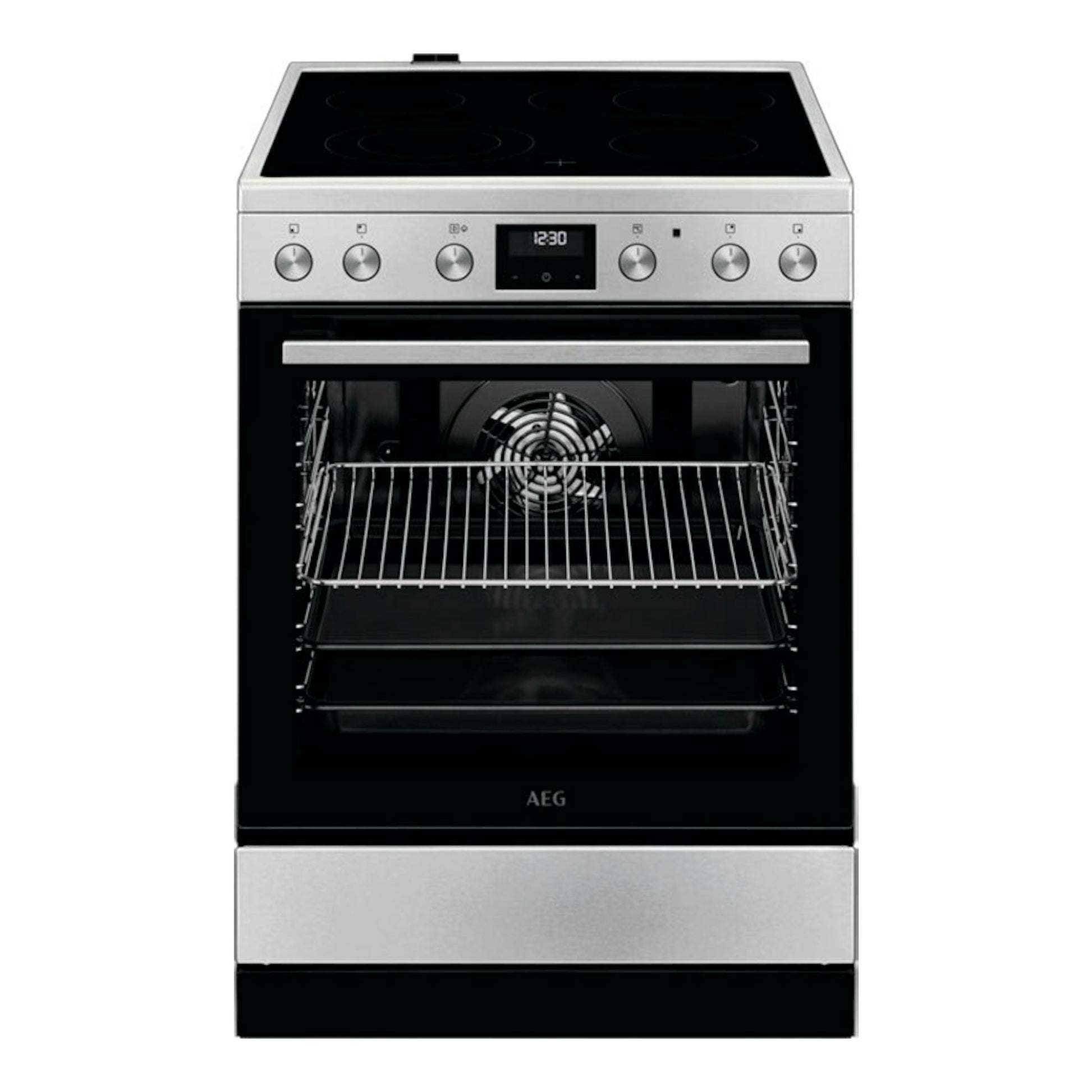 Cocina vitrocerámica AEG CCB6642CBM, frontal, negra y acero inoxidable, con horno abierto.