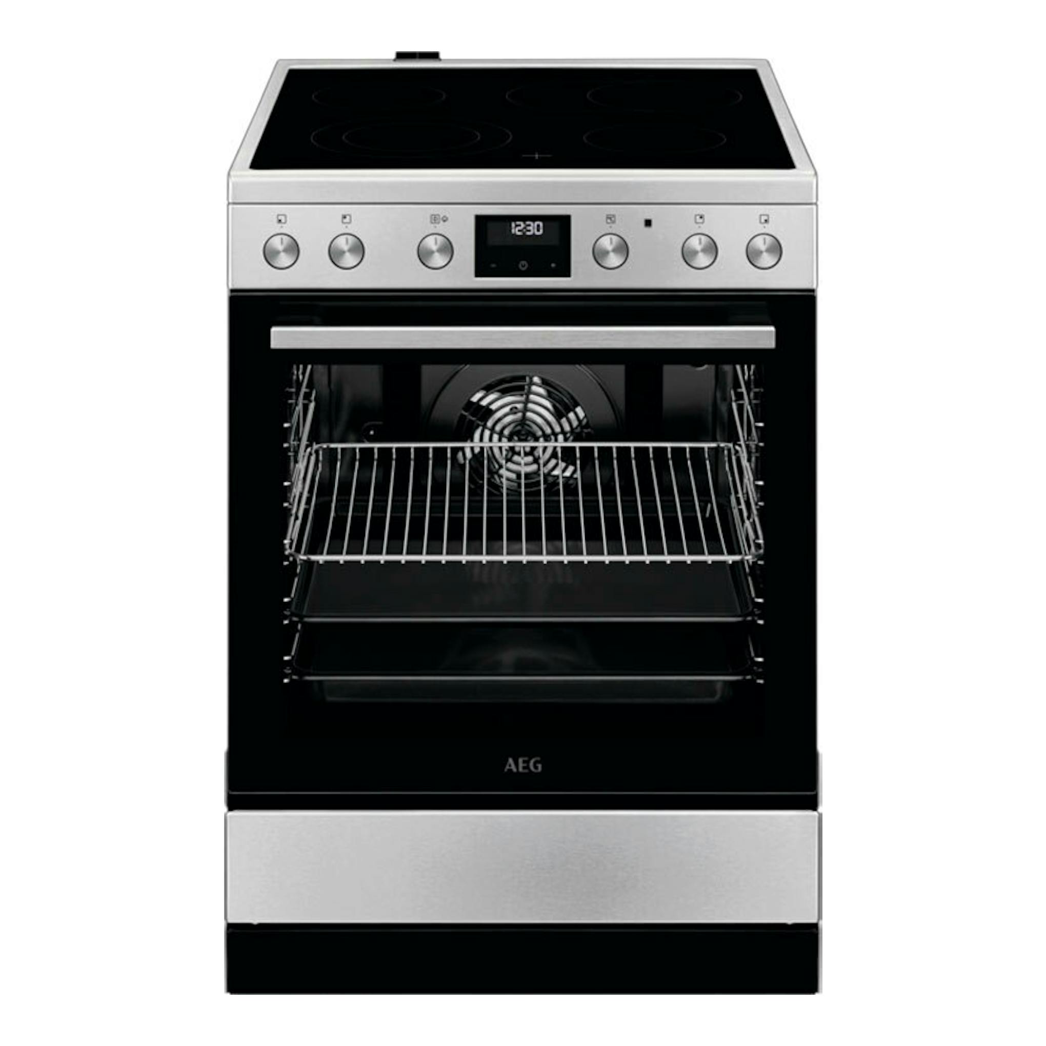 Cocina vitrocerámica AEG CCB6642CBM, frontal, negra y acero inoxidable, con horno abierto.