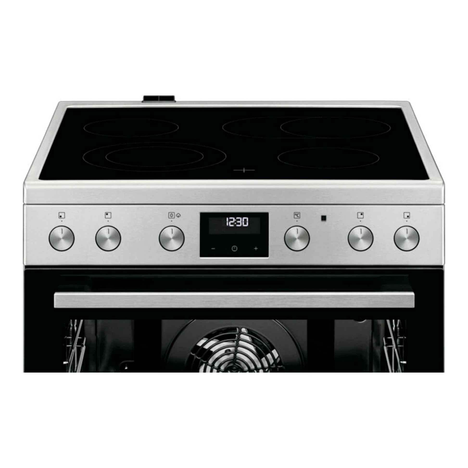 Cocina vitrocerámica AEG CCB6642CBM en acero inoxidable y negro, vista frontal.