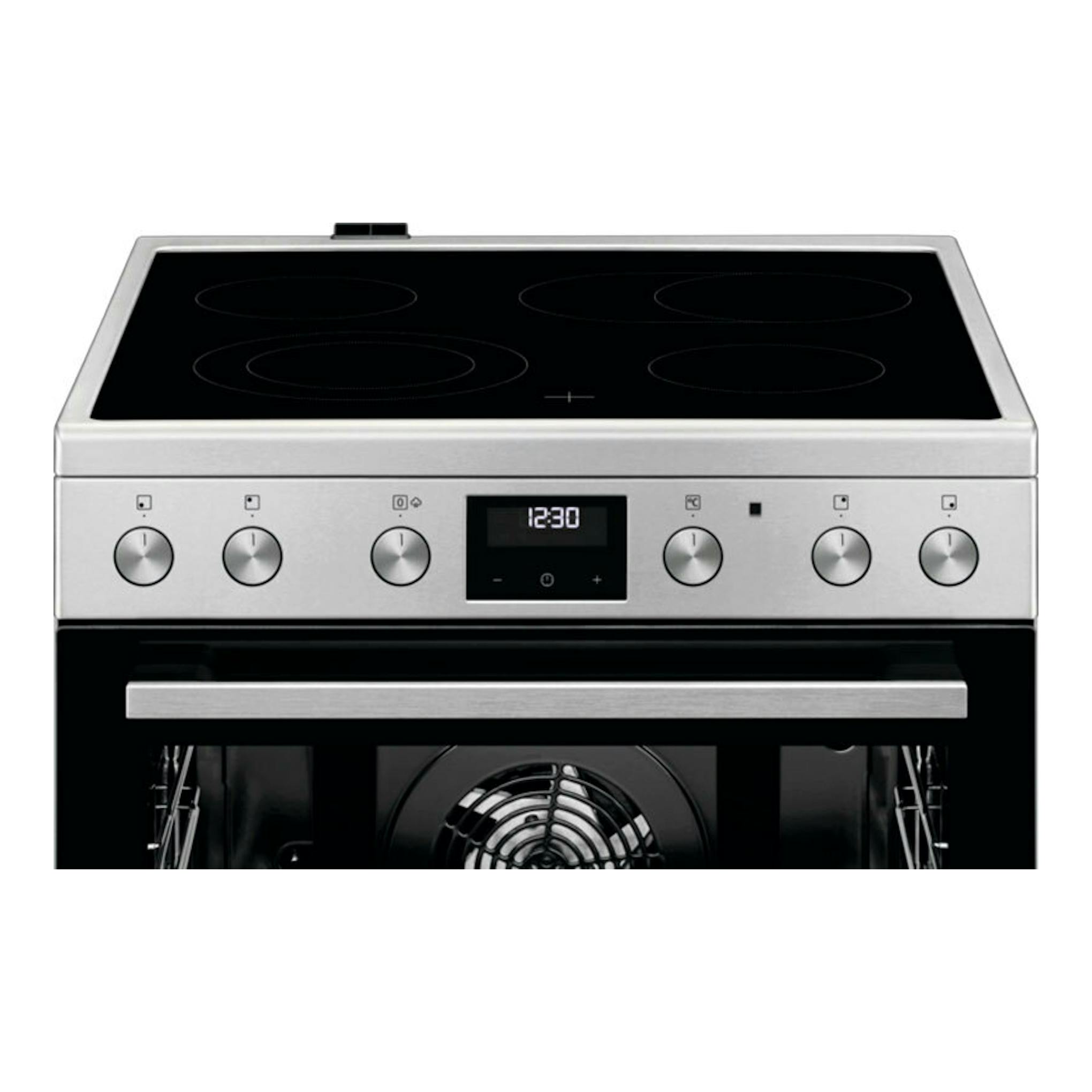 Cocina vitrocerámica AEG CCB6642CBM en acero inoxidable y negro, vista frontal.
