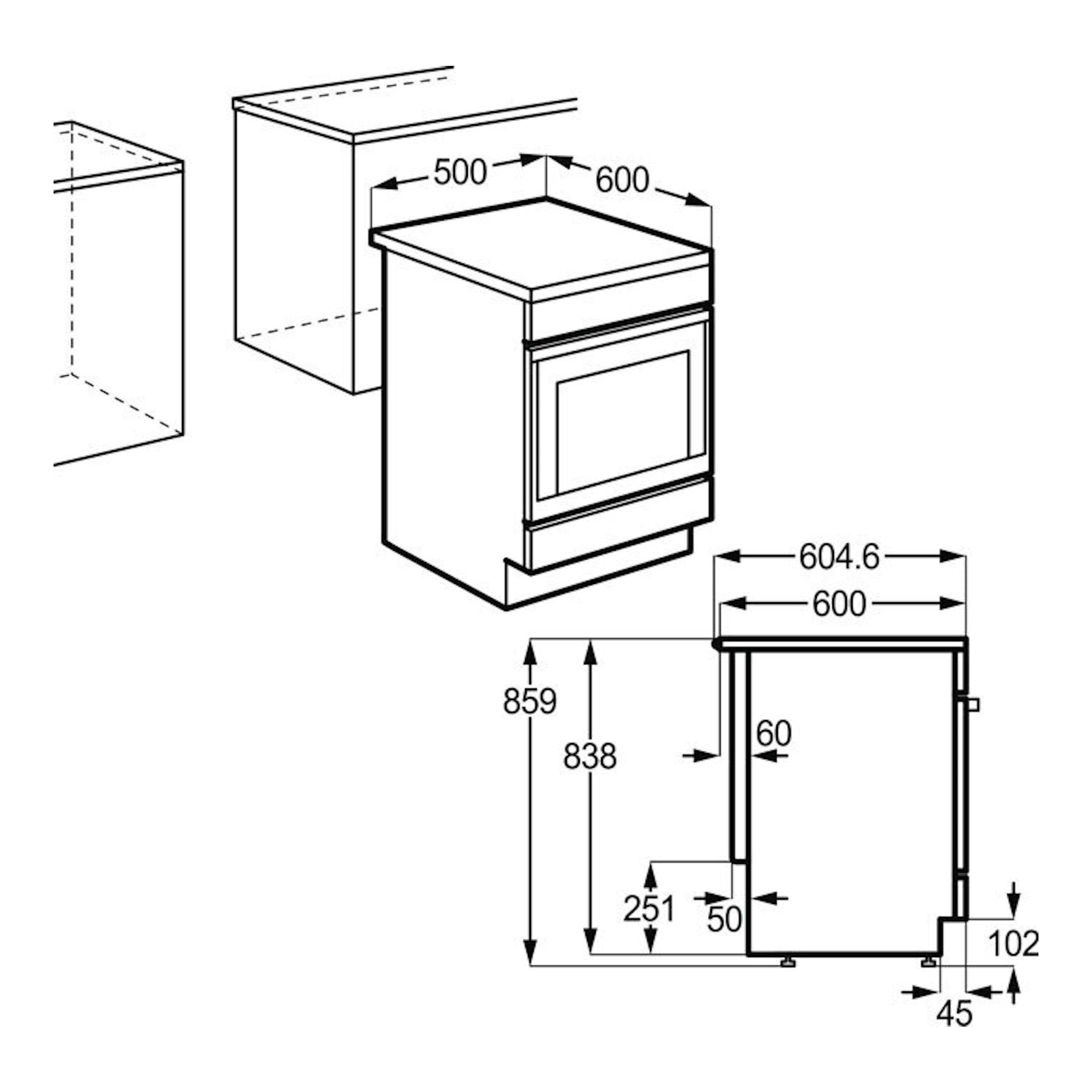 Esquema técnico de cocina Electrolux LKR500066W, vista isométrica y lateral, blanca, con medidas de instalación.