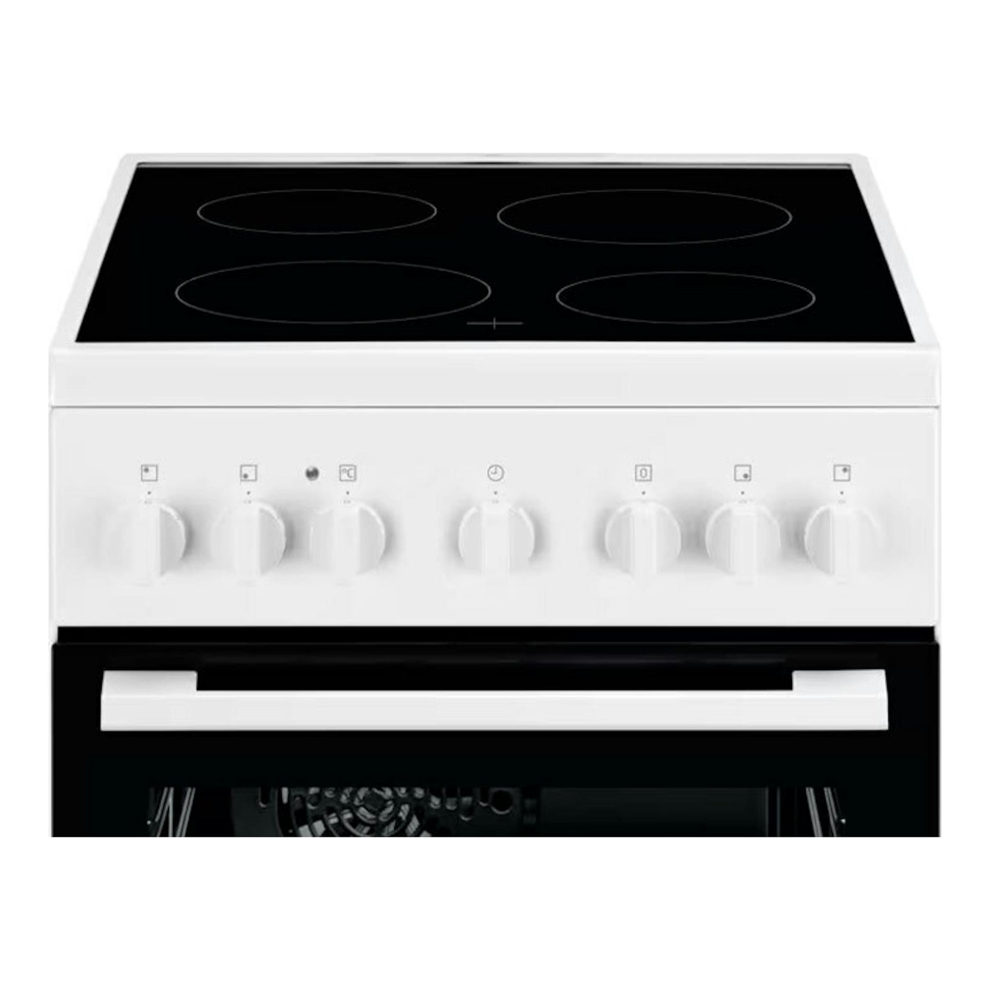 Cocina vitrocerámica Electrolux LKR500066W blanca, vista frontal, con 4 zonas de cocción y horno.