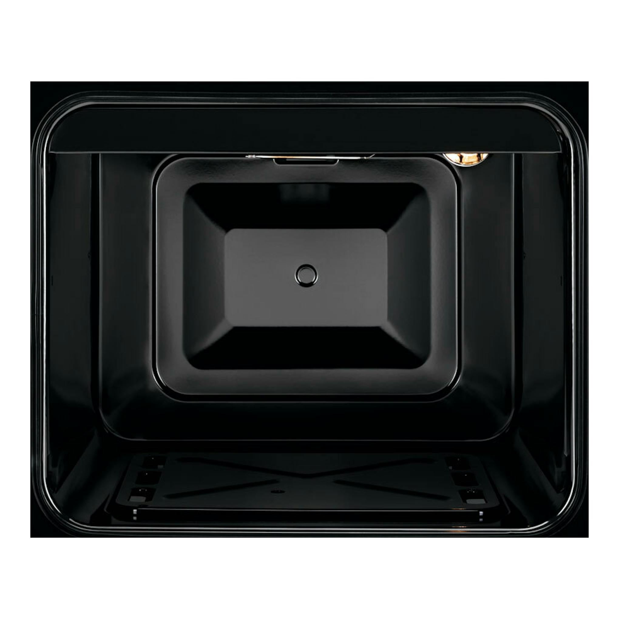 Interior de horno negro Electrolux LKR500066W, vista frontal, con bandeja y luz superior.