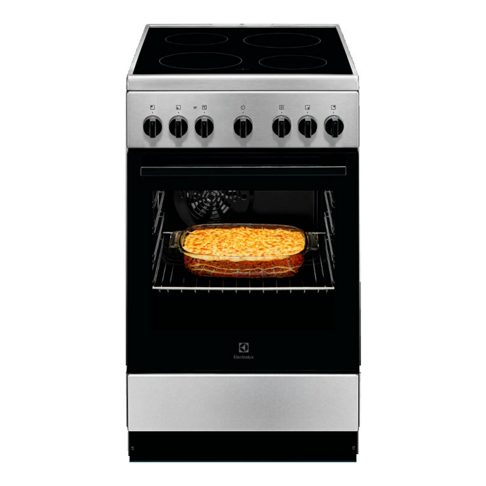 Cocina vitrocerámica Electrolux LKR540066X de 50 cm, vista frontal, negra y acero inoxidable, con horno abierto.