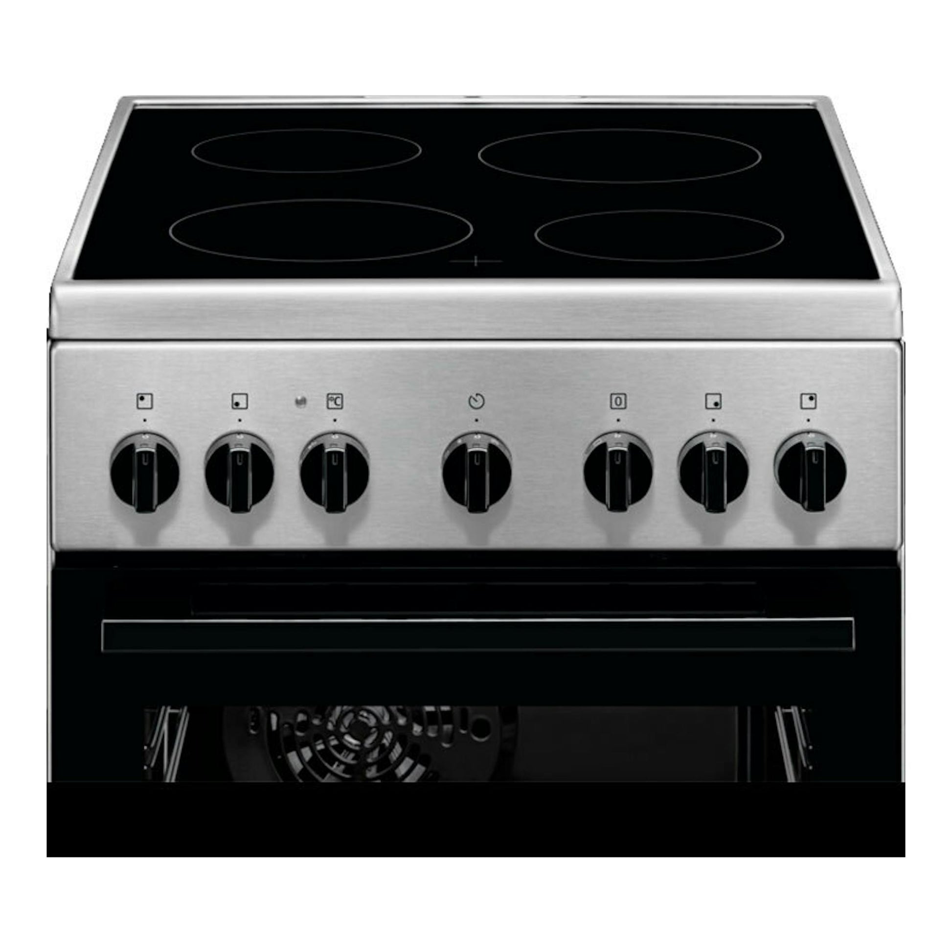 Electrolux LKR540066X, cocina vitrocerámica de 50 cm, vista frontal, acero inoxidable con encimera negra y mandos.