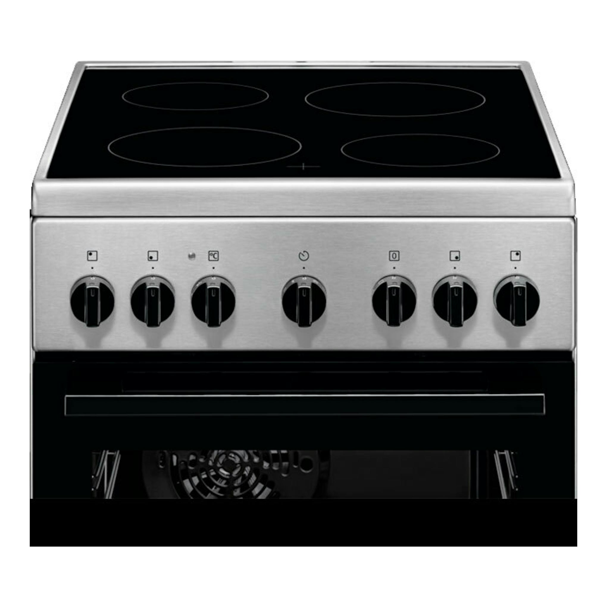 Electrolux LKR540066X, cocina vitrocerámica de 50 cm, vista frontal, acero inoxidable con encimera negra y mandos.