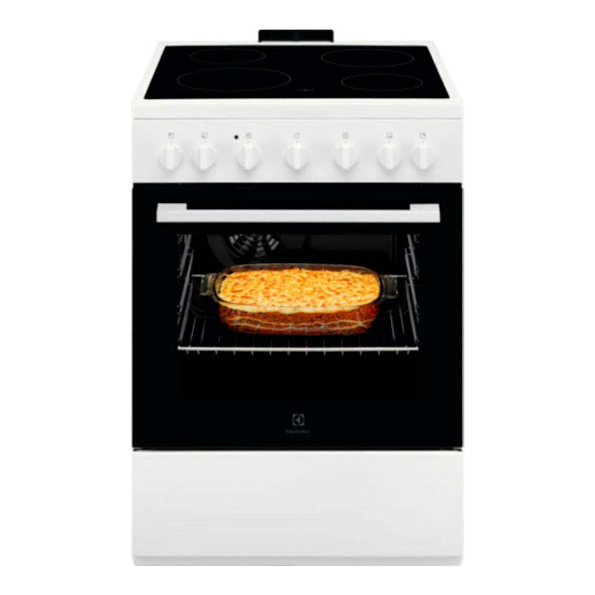 Cocina vitrocerámica Electrolux blanca, con superficie negra, vista frontal, con horno negro y bandeja dentro.