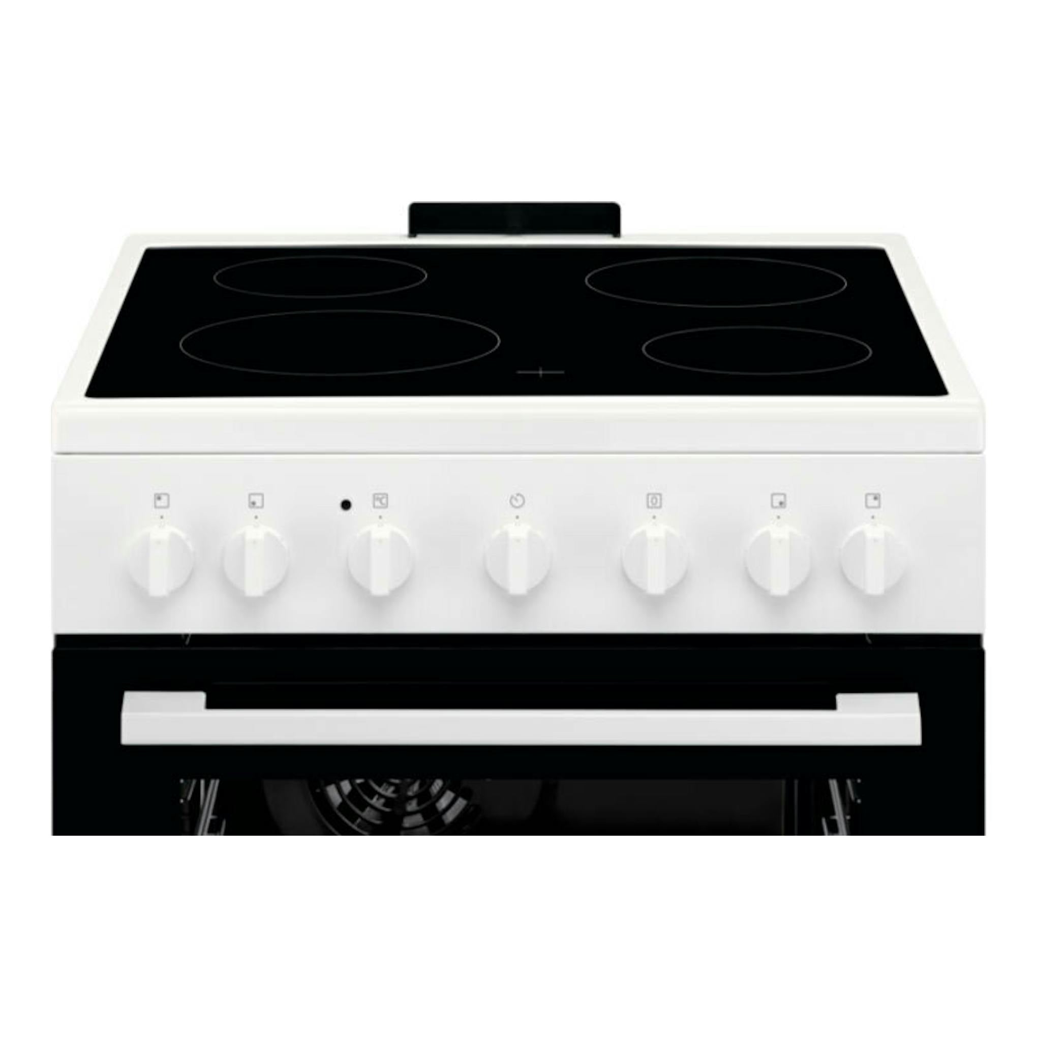 Cocina Electrolux LKR620066W blanca de 60 cm, vista frontal, con placa vitrocerámica negra y horno.