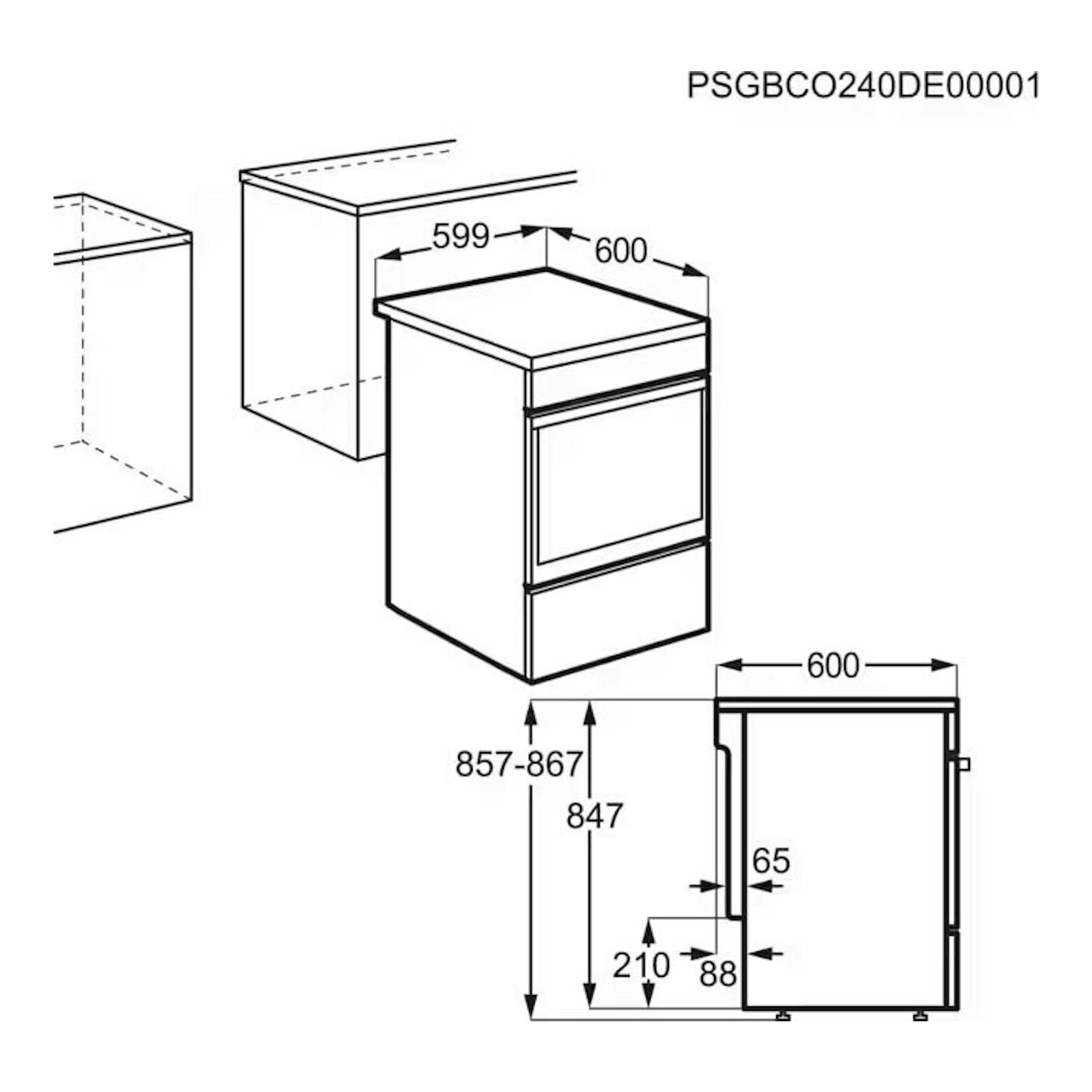 Electrolux LKR620066X: dibujo técnico de cocina vitrocerámica de 60 cm, vista frontal y lateral con medidas de instalación.