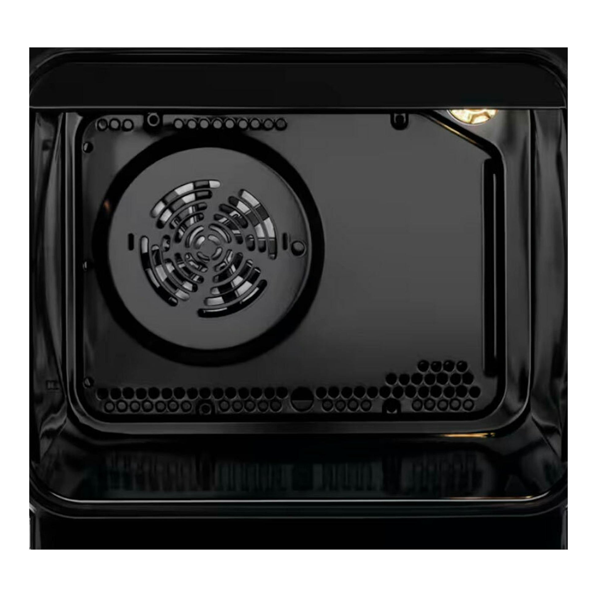 Electrolux LKR620066X: vista frontal del interior del horno negro, con ventilador circular y luz superior.