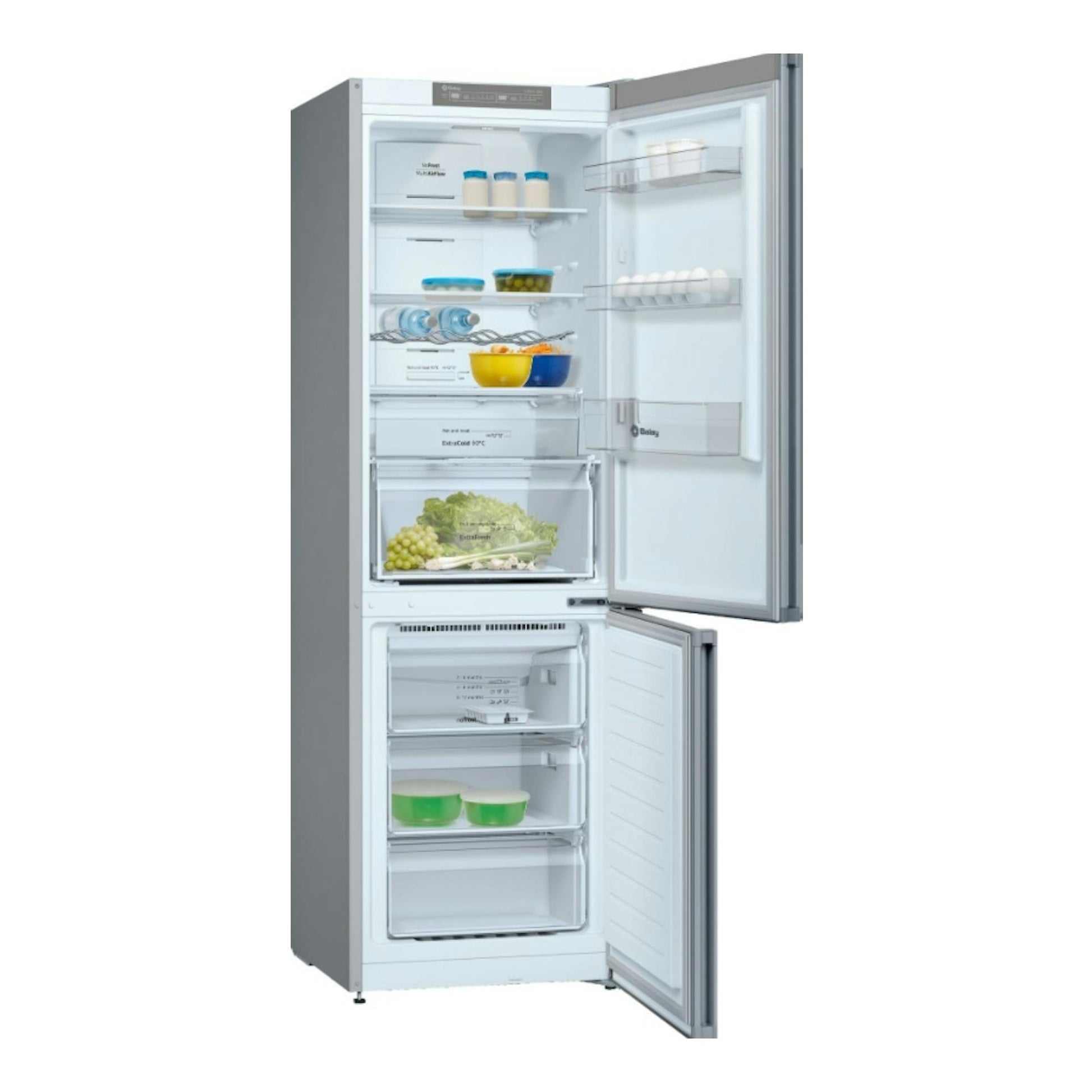 Frigorífico combi Balay 3KFC664XI inox, vista frontal con puertas abiertas y compartimentos visibles.