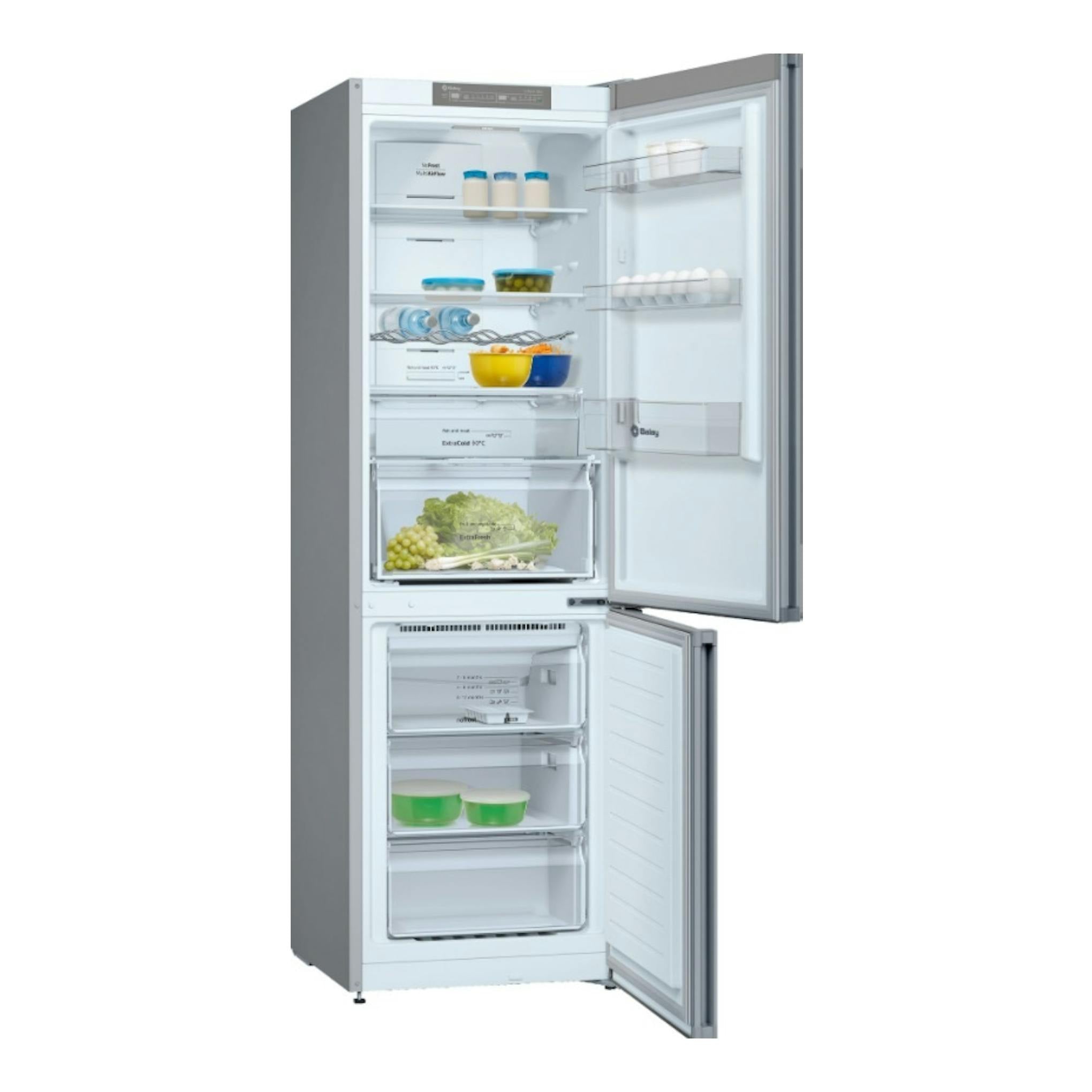 Frigorífico combi Balay 3KFC664XI inox, vista frontal con puertas abiertas y compartimentos visibles.