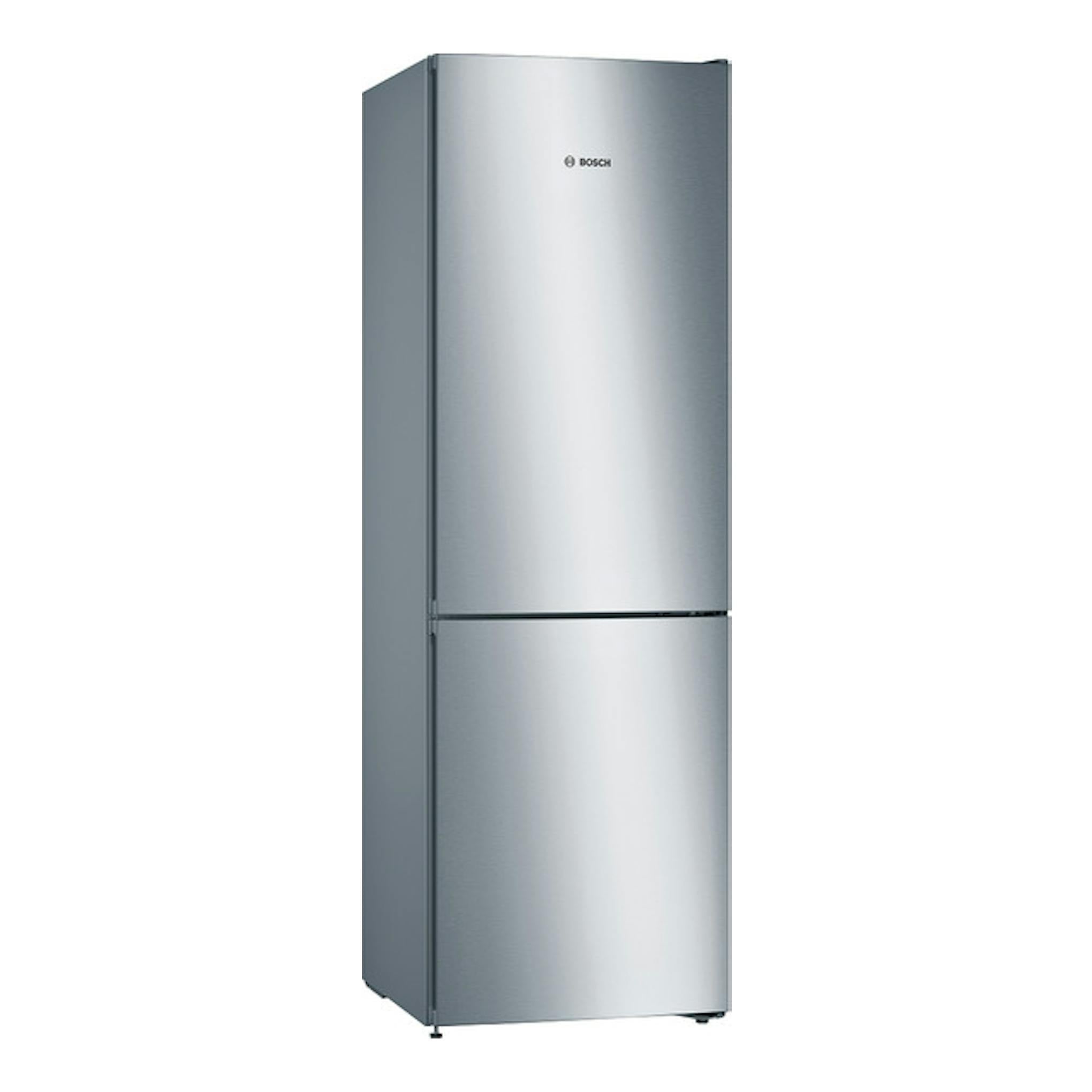 Frigorífico combi Bosch KGN36VLEA de acero inoxidable, vista frontal, con puerta superior y congelador inferior.