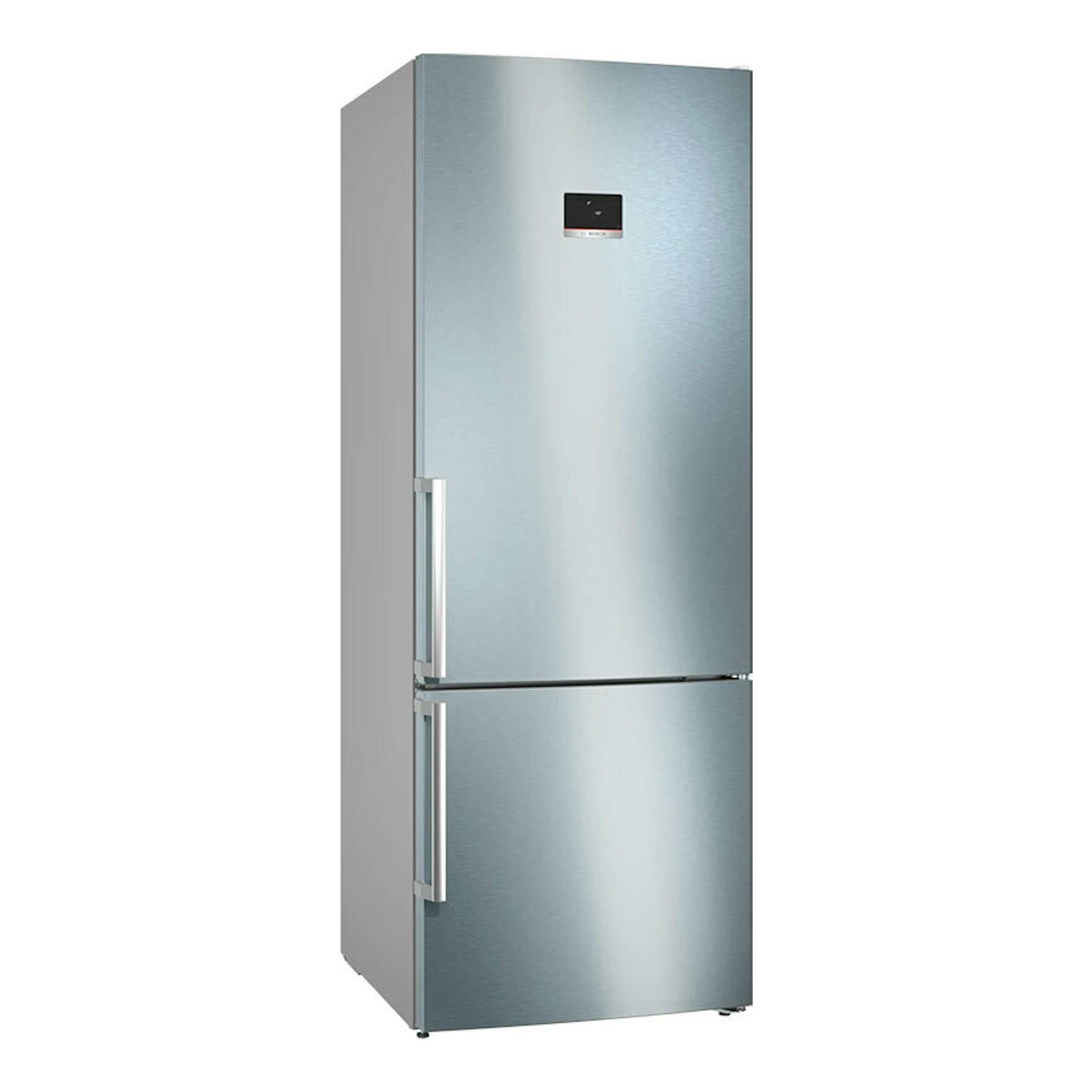 Frigorífico combi Bosch KGN56XIDR de acero inoxidable, vista frontal ligeramente en ángulo.