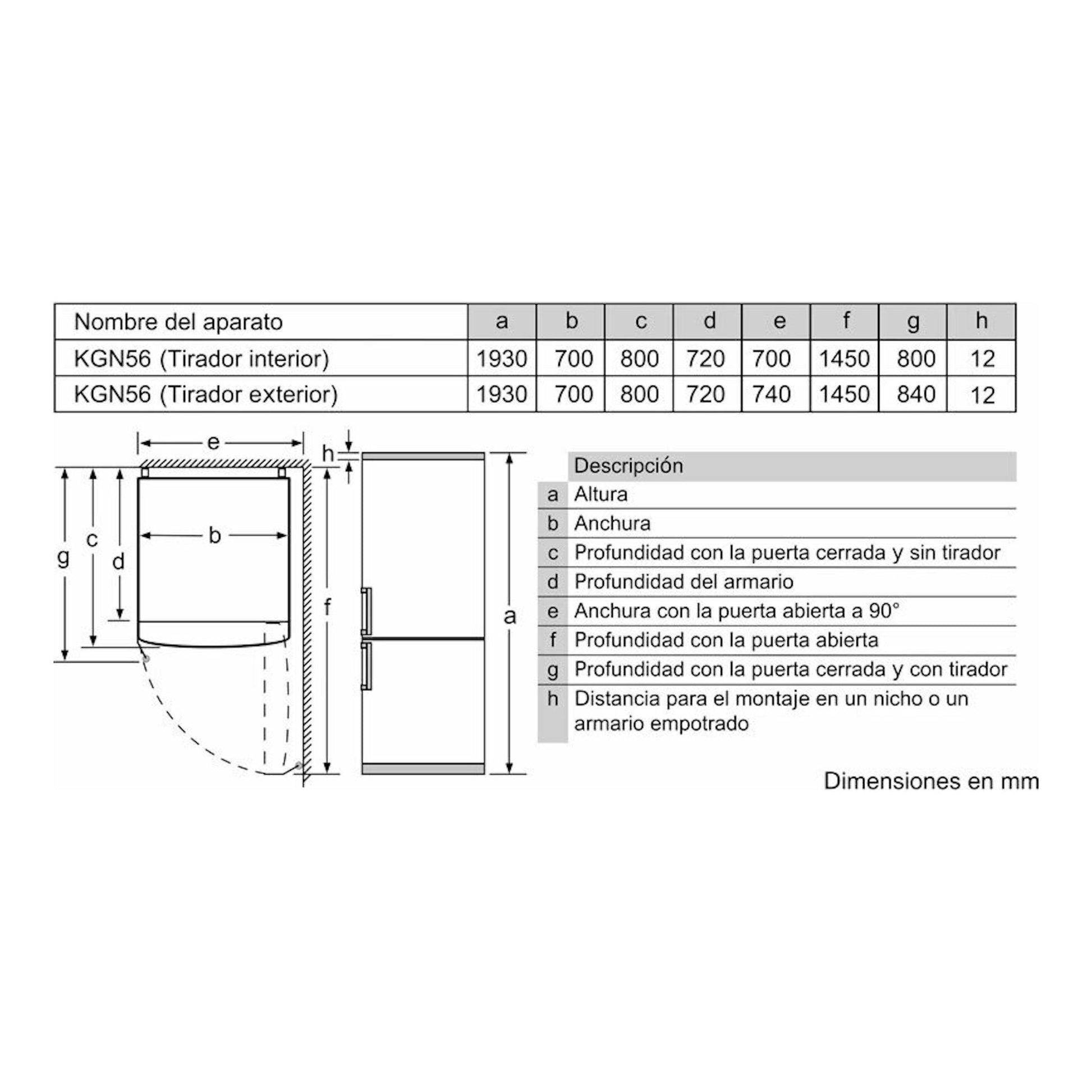 Bosch KGN56XIDR: esquema técnico de dimensiones del combi frigorífico, vistas frontal y lateral en gris.