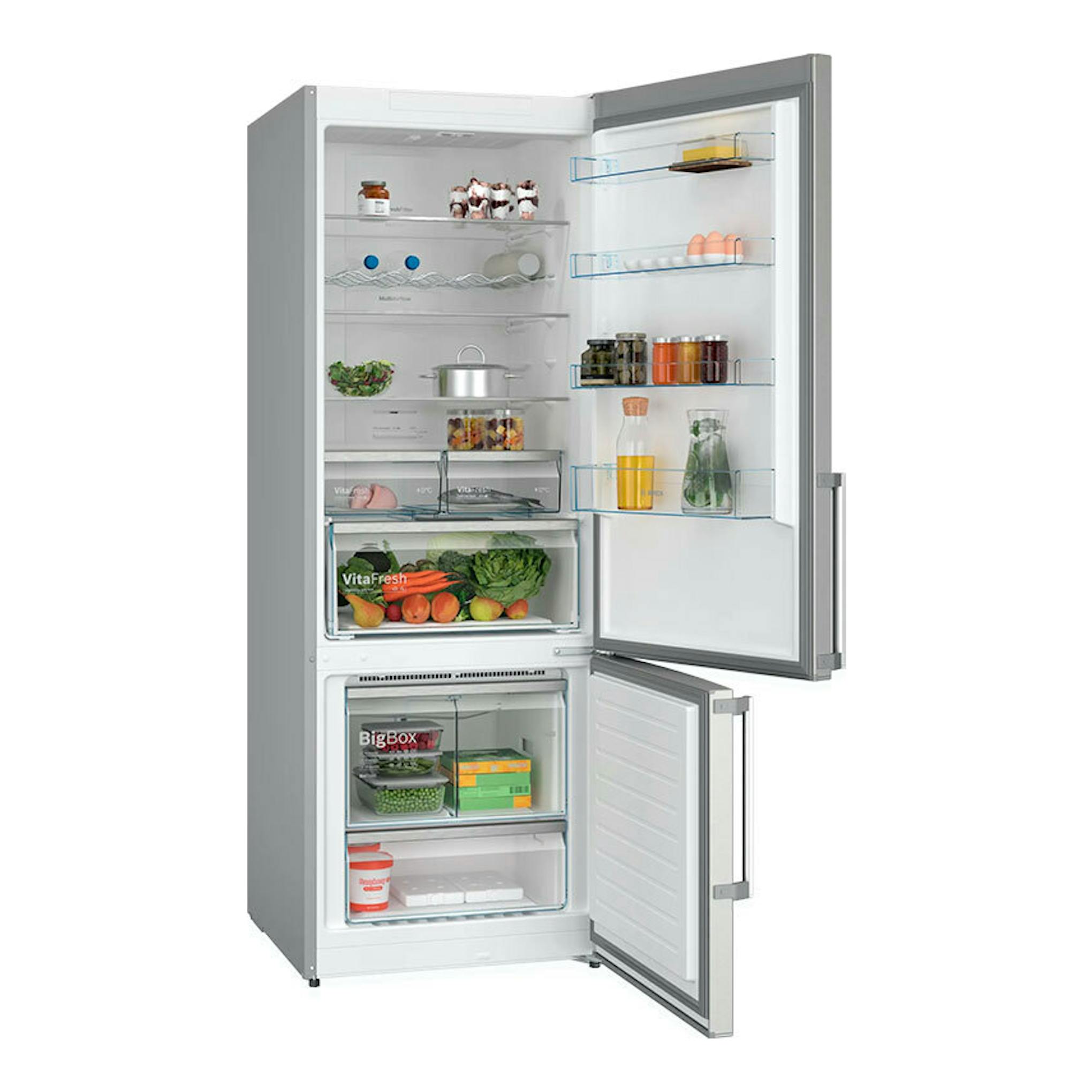 Frigorífico combi Bosch KGN56XIDR, vista frontal con puertas abiertas, color acero inoxidable y estantes visibles.