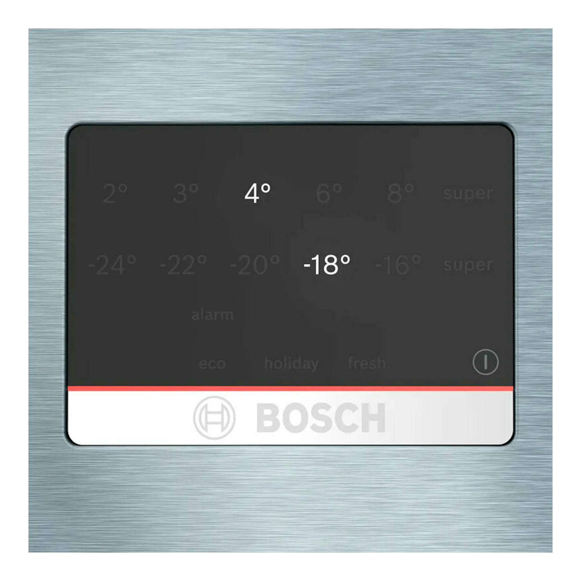 Panel táctil de frigorífico Bosch KGN56XIDR en vista frontal, con temperaturas 4 °C y -18 °C.
