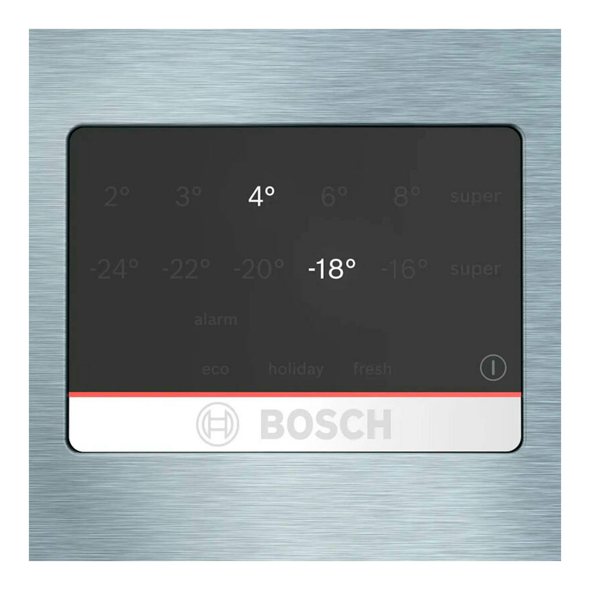 Panel táctil de frigorífico Bosch KGN56XIDR en vista frontal, con temperaturas 4 °C y -18 °C.