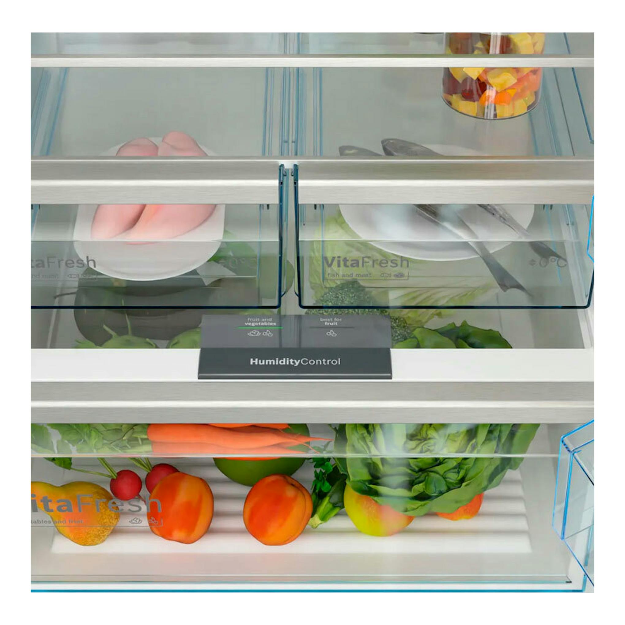Interior de combi Bosch KGN56XIDR con cajones VitaFresh y HumidityControl, vista frontal.