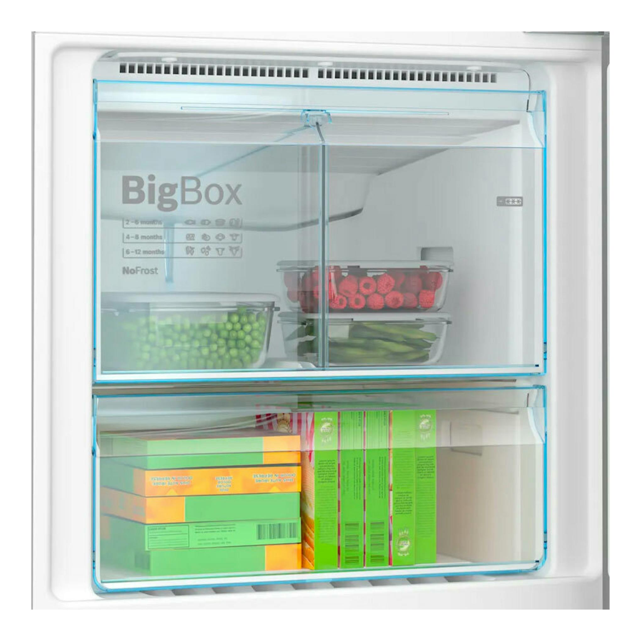 Interior de congelador Bosch KGN56XIDR, vista frontal, con cajones transparentes y alimentos almacenados.