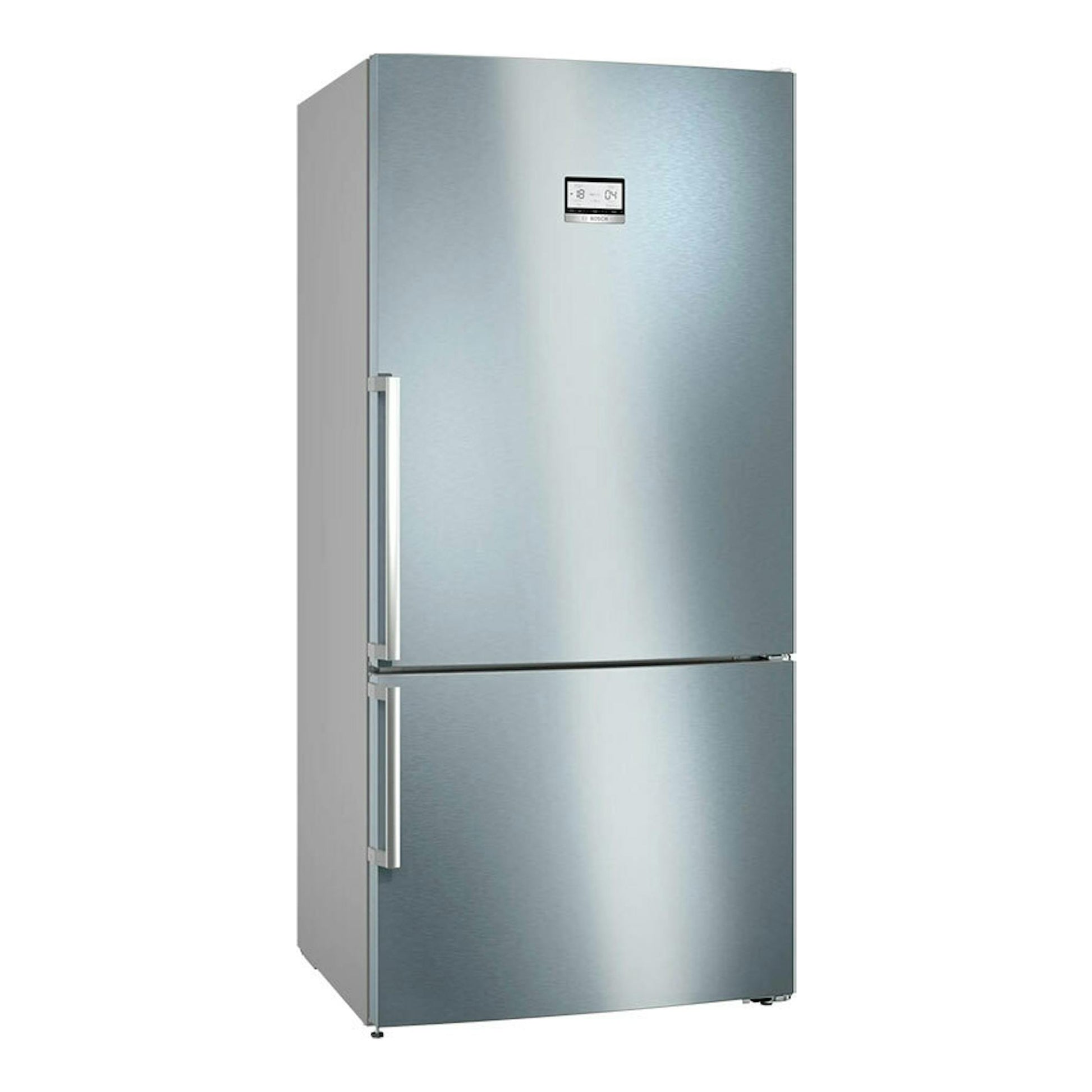 Frigorífico combi Bosch KGN86AIDR de acero inoxidable, vista frontal, con congelador inferior.