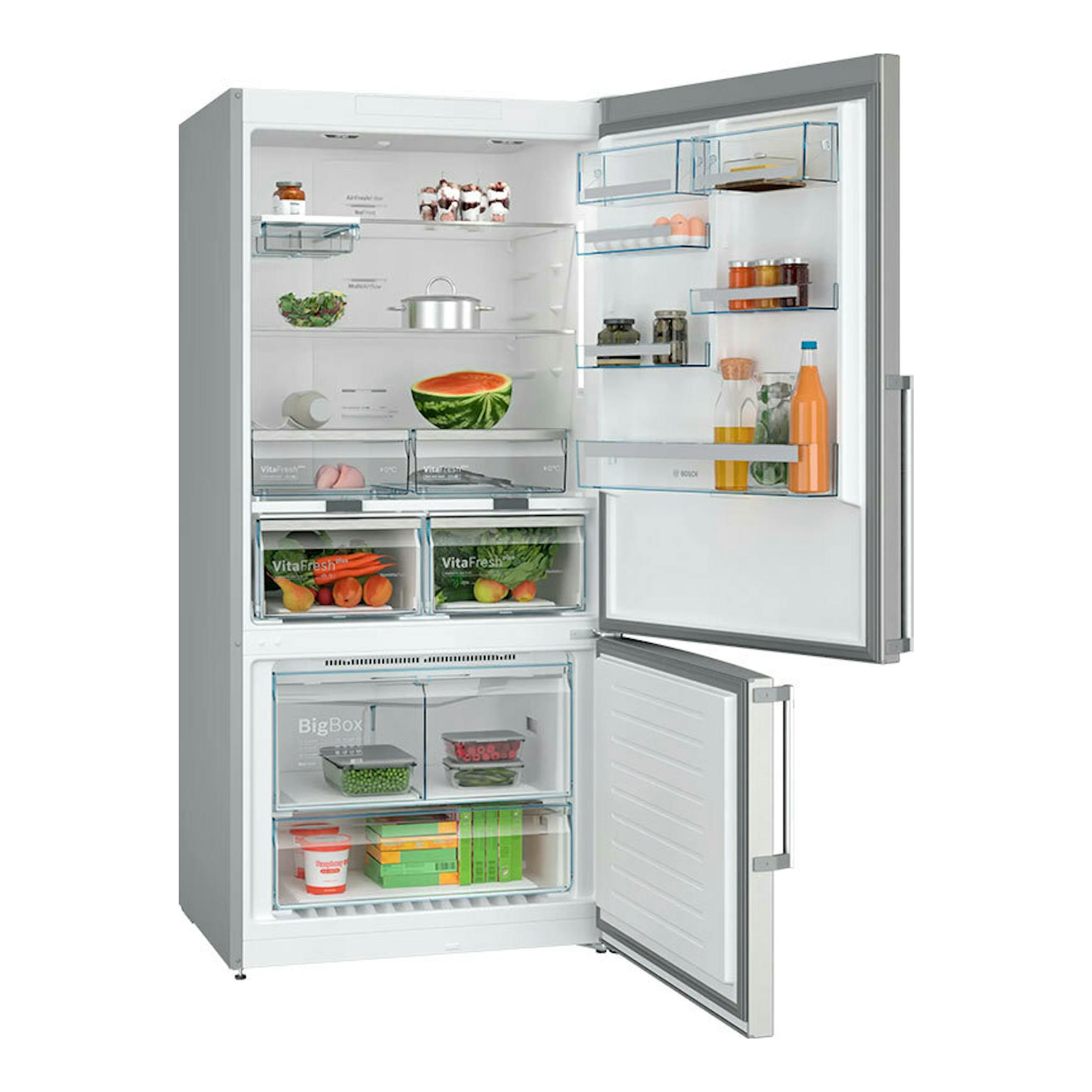 Frigorífico combi Bosch KGN86AIDR de acero inoxidable, vista frontal con puertas abiertas.