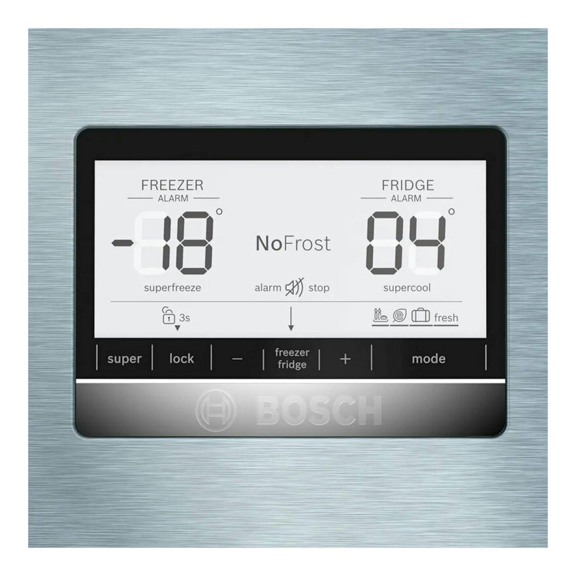 Panel digital de frigorífico Bosch KGN86AIDR en acero inoxidable, vista frontal, con display de temperaturas.