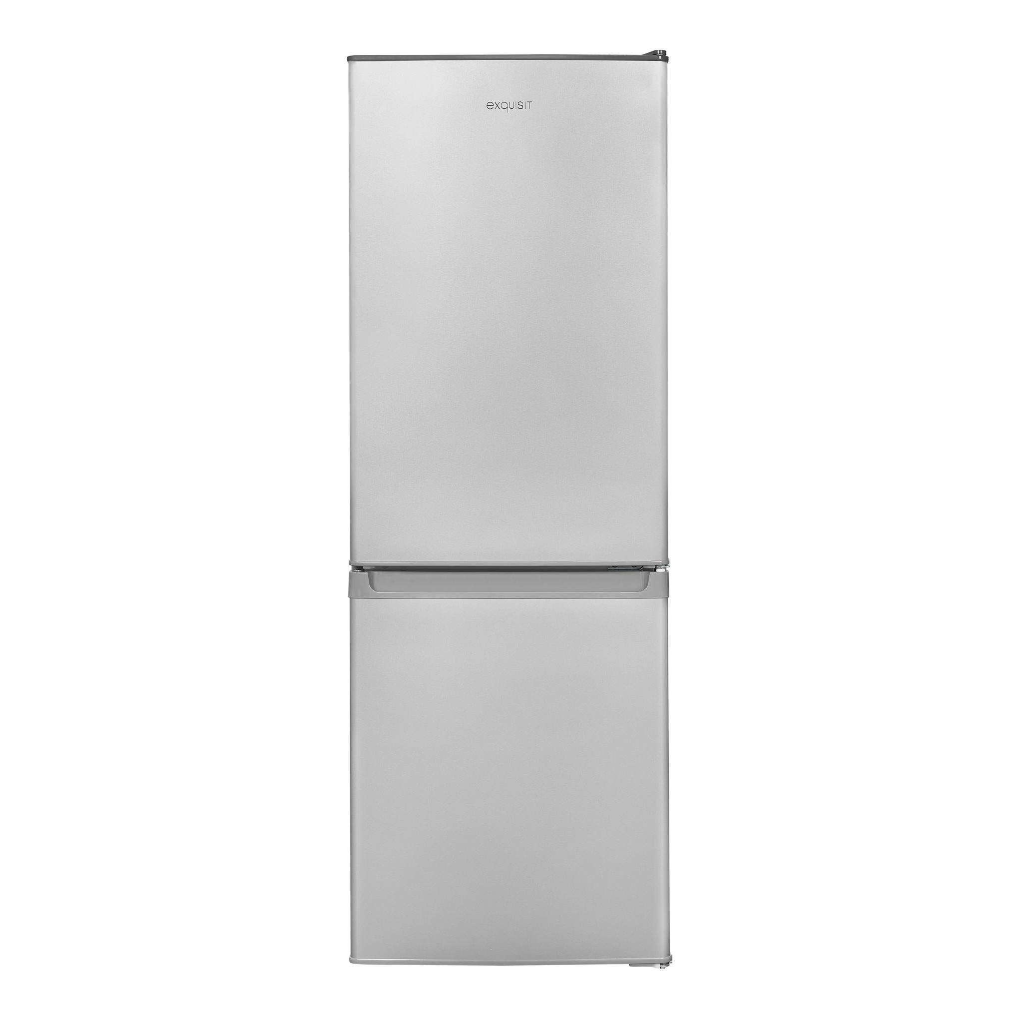 Frigorífico combi Exquisit KGC232-60-E-040E plateado, vista frontal, dos puertas.