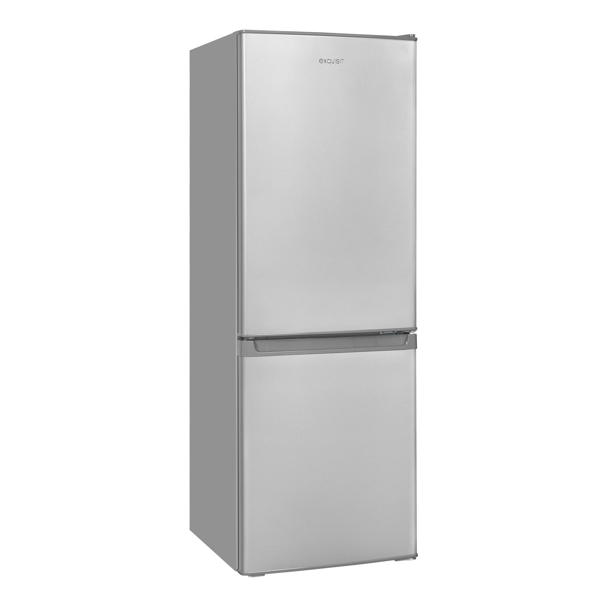 Frigorífico combi Exquisit KGC232-60-E-040E plata, vista frontal ligeramente en ángulo.
